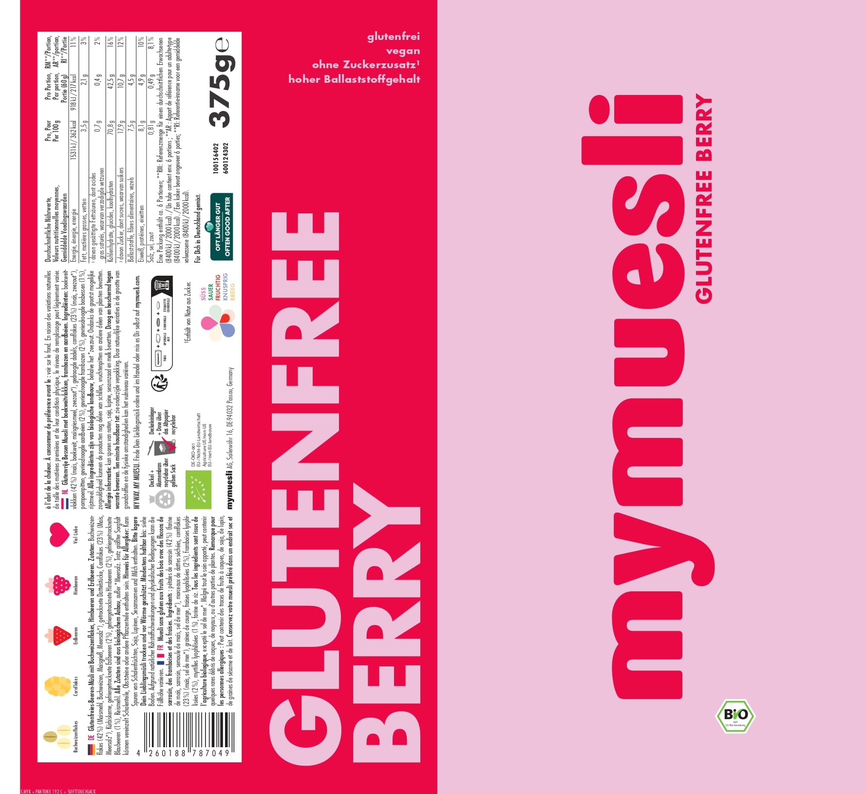 mymuesli Muesli BIO sans gluten (2x 375g) - 1x Muesli aux baies fruité & 1x Muesli au chocolat avec 5 ingrédients chocolatés - 100% sans gluten - Pour les personnes intolérantes au gluten