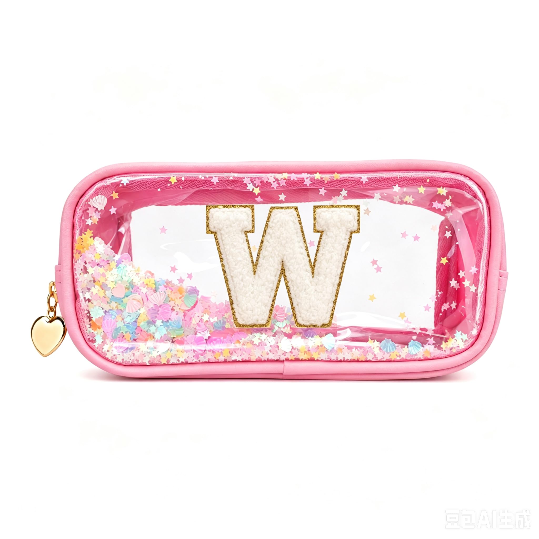 YCDKK The 26 Letters Clear Pink Pencil Case for Girls, Small Cute Transparent Pencil Case with A-Z Initial Design for School & Office, Portable Exam Zipper Pouch for Students, Teens & Women (W)