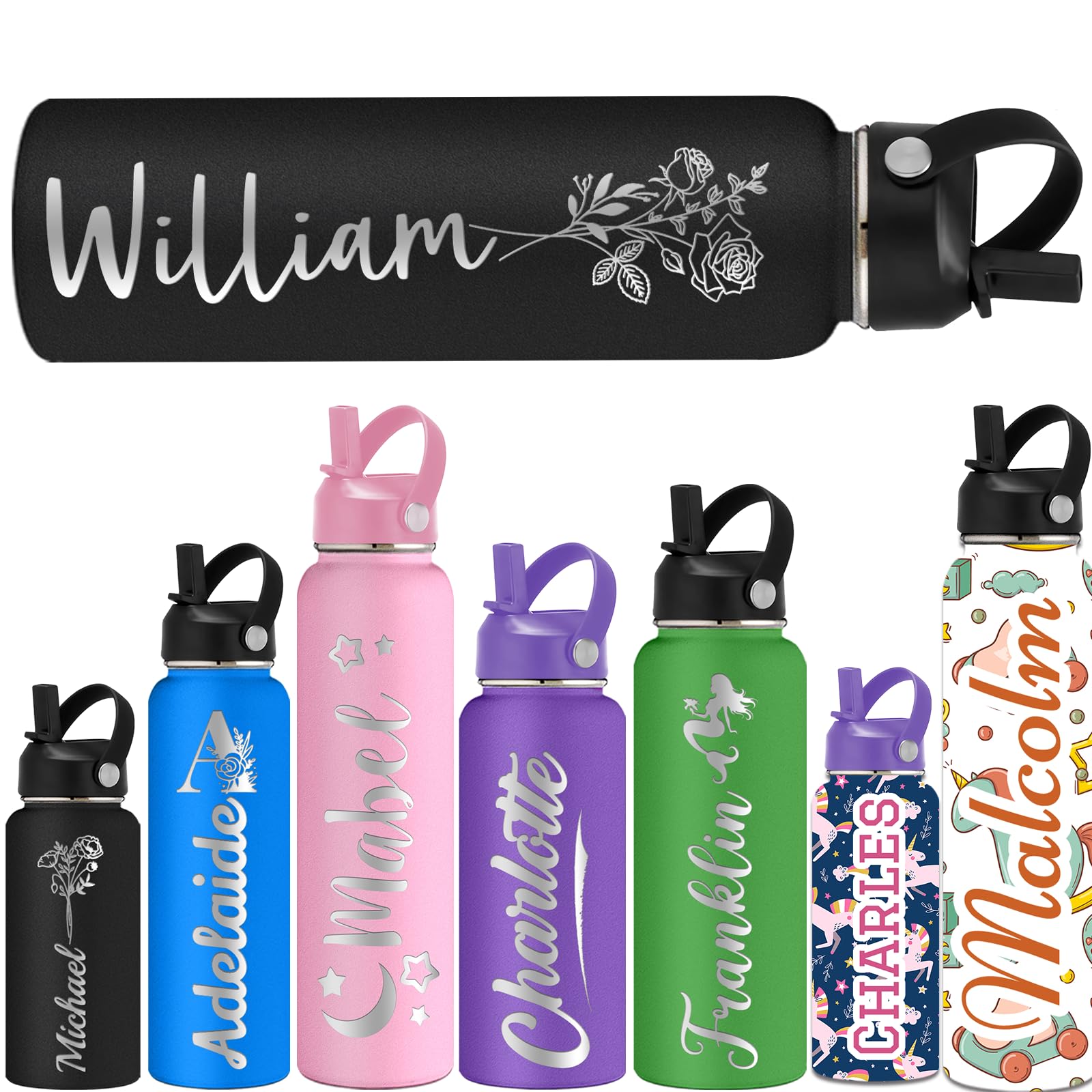 ShAxzHen Personalised Water Bottles for Kids with Straw Lid 40/32/24/18/12oz Custom Insulated Water Bottle Stainless Steel with Name Logo Customised Engraved Cups for School Sport Gym Flower Black