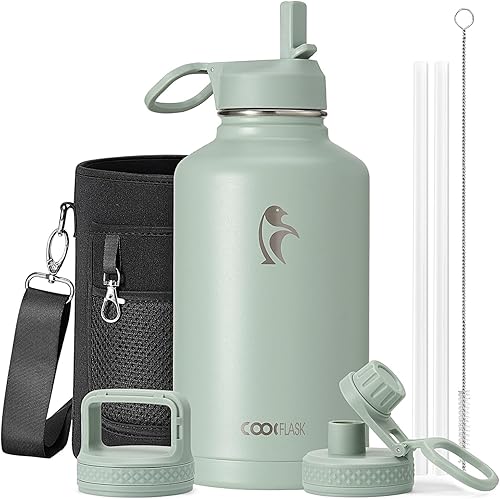 Miniatura 74 de Coolflask - Botella de agua de 64 onzas, aislada, con popote y 3 tapas, con diseño Galaxy, de acero inoxidable al vacío, mantiene las bebidas frías