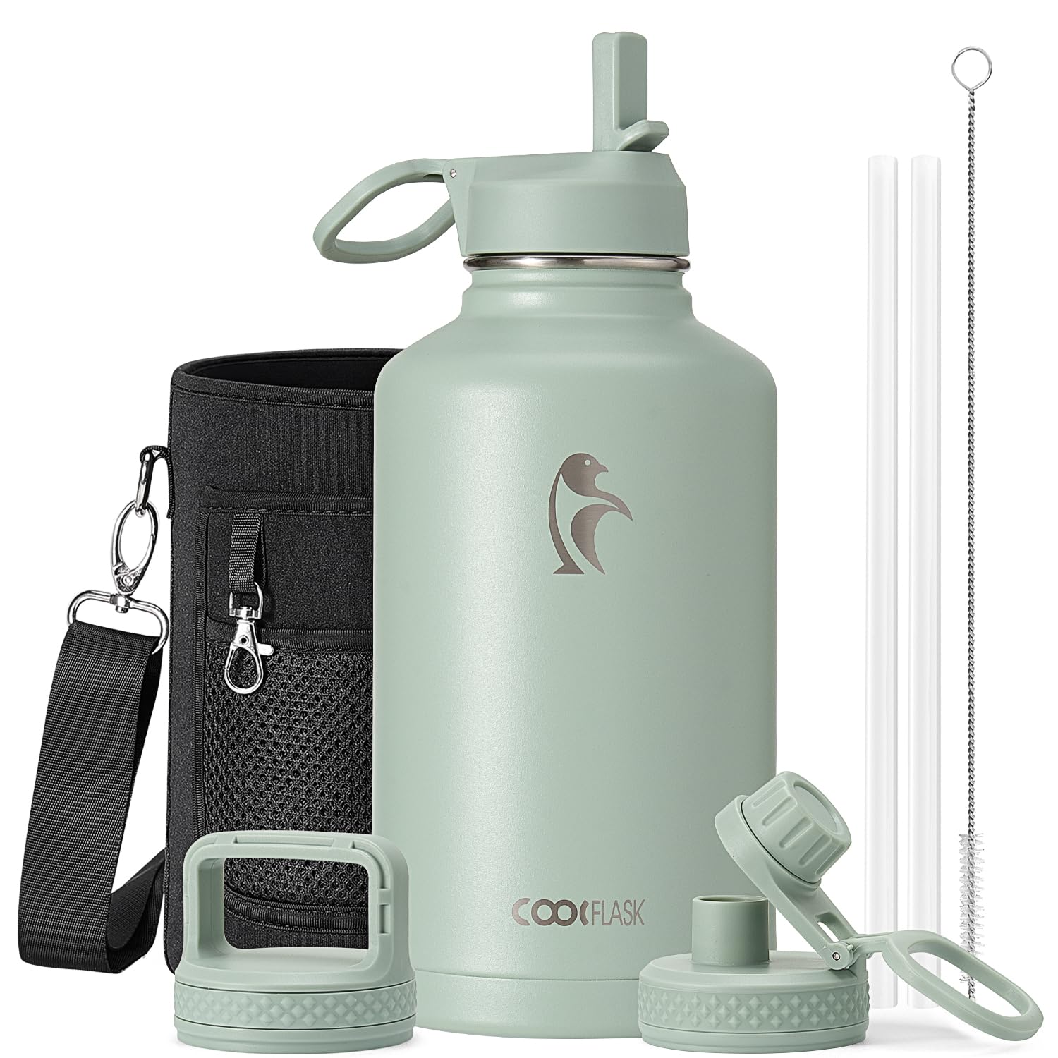 Coolflask Half Gallon Water Bottle Insulated with Straw & 3 Lids, 2L Water Jug Large Metal Stainless Steel Wide Mouth for Sports, Gym or Office, Non-BPA Keep Cold 48H Hot 24H, Grey Green