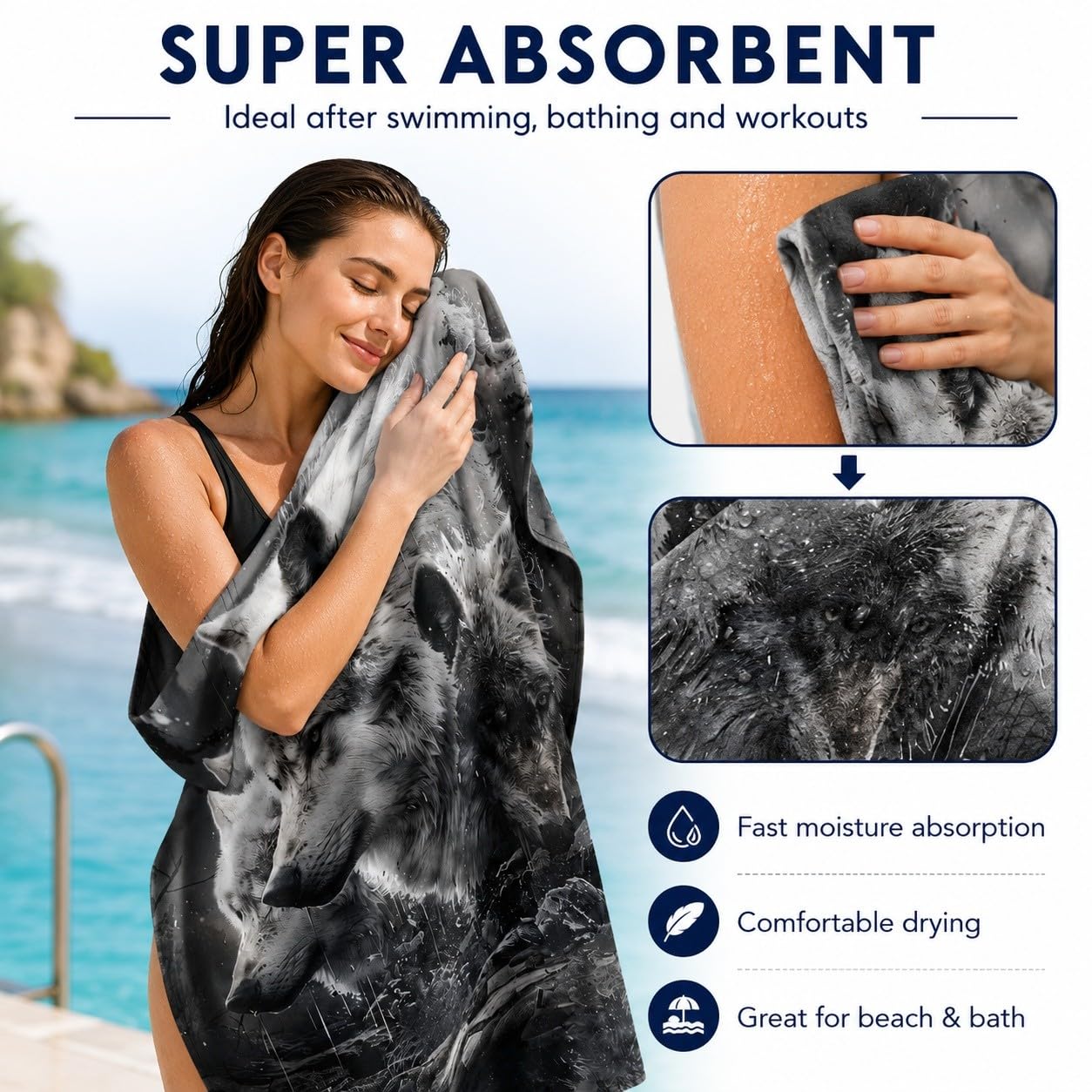 Telo Mare Microfibra Branco di Lupi Asciugatura Rapida | Asciugamano da Spiaggia Arte in Bianco e Nero, 145x200 cm, Assorbente, Accessori Mare, per Palestra Viaggio