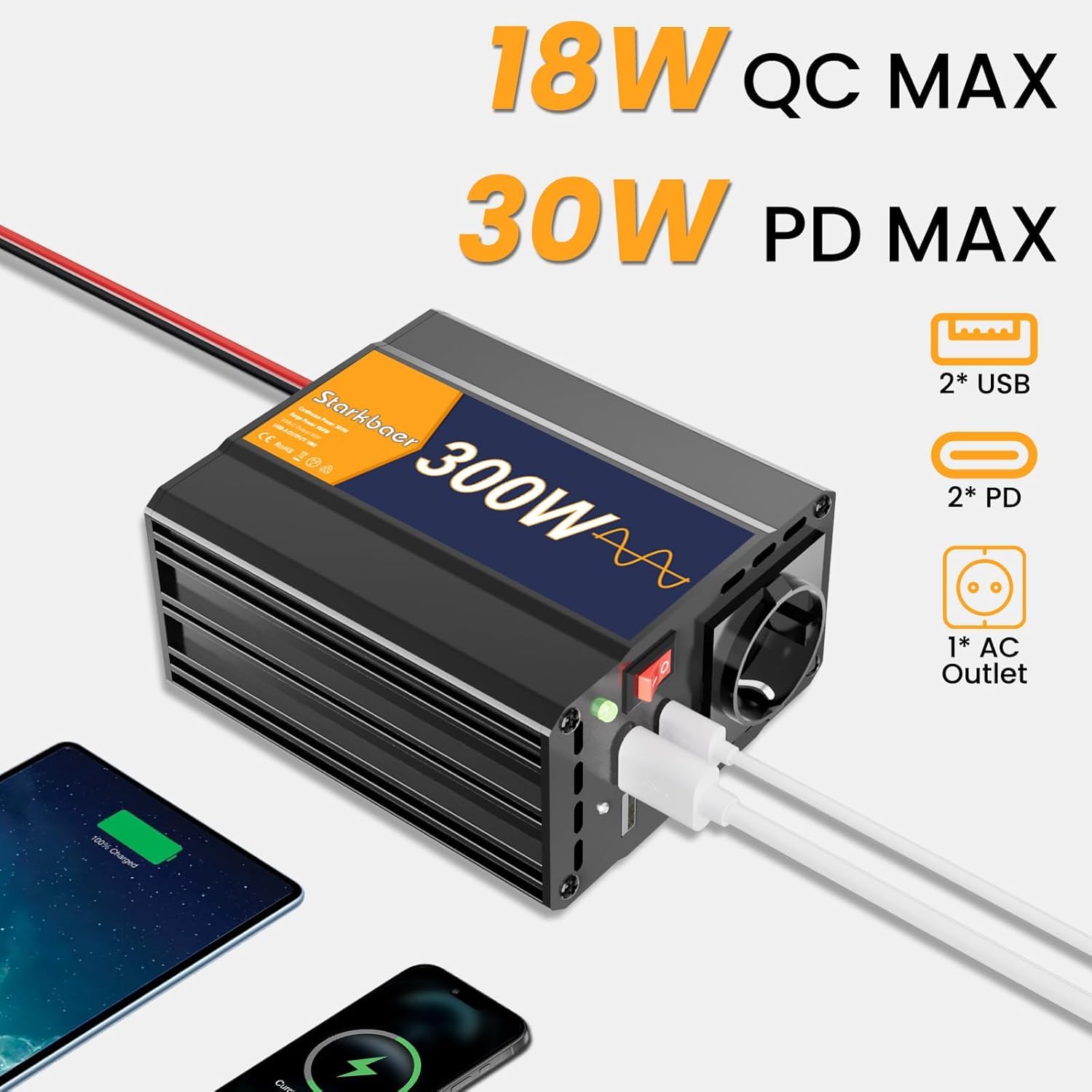 Convertisseur Voiture 12V 230V Pure Sinus 300W Onduleur Allume-Cigare USB | Onduleur avec Prise Allume-Cigare, 4 Ports USB & Boîtier en Aluminium. Idéal pour Recharge de Téléphone & Voyages en Auto