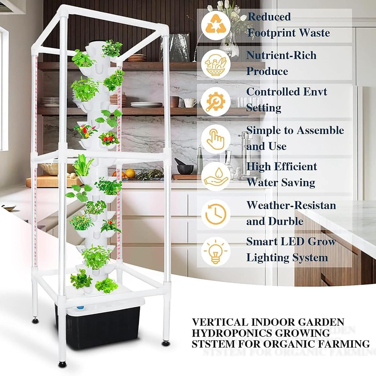 Sistema de Cultivo hidropónico en Torre, 15 Capas, 45 Agujeros, para Interior con luz LED, Torre de Cultivo Vertical con Bomba y depósito de Agua móvil, para Hierbas, Frutas y Verd