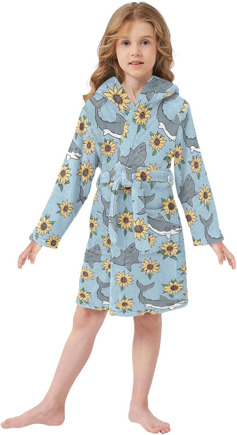 senya Shark and Sunflower Toddler Hooded Bathrobe Kids Soft Plush Bath Towel Robes for Boys Girls 2-12 Years