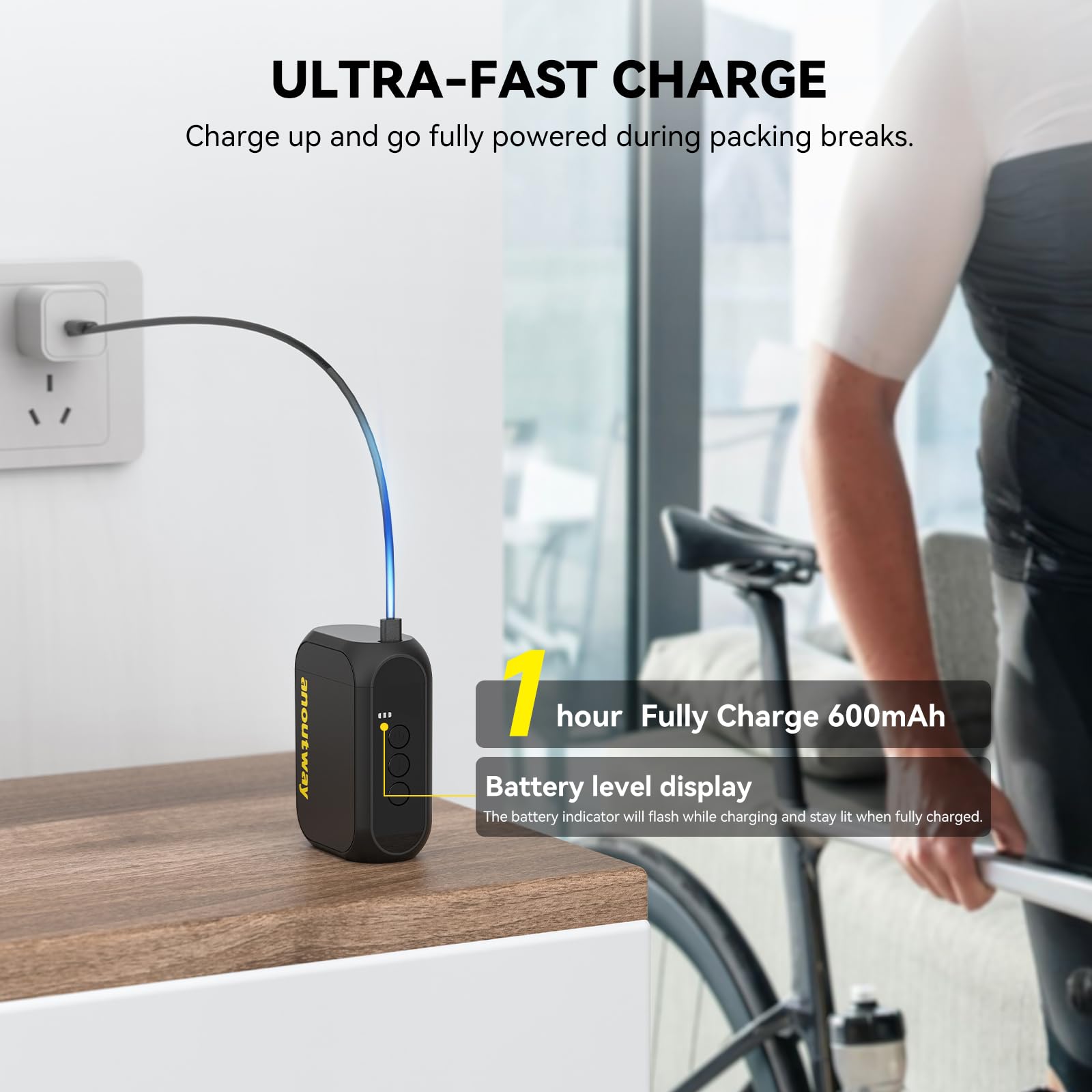 Tiny - Bomba de aire eléctrica recargable AT1 MAX, máximo 120 PSI, parada automática, compatible con válvulas Presta y Schrader, para bicicleta de carretera y montaña
