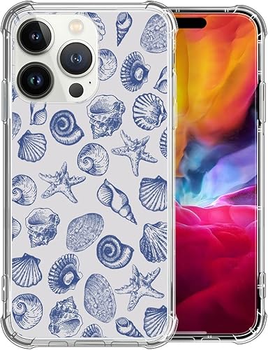 DAIZAG Funda compatible con iPhone 15 Pro, bonita funda de teléfono azul con conchas marinas para niñas y mujeres, funda transparente de cuatro