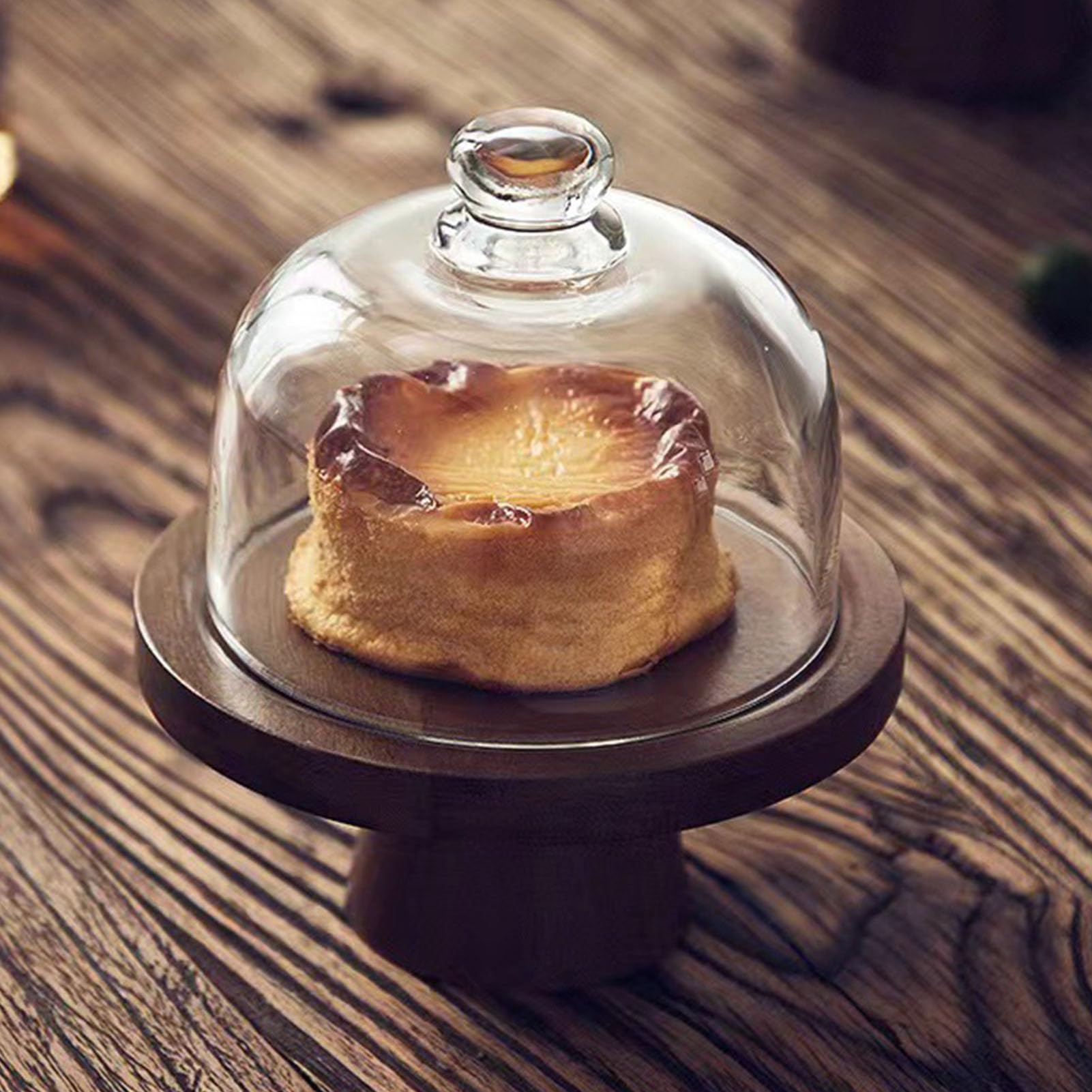 Aramox Alzata per Torte in Legno, Espositore per Dessert con Cupola in Vetro, Base in Legno 26 X 27,5 X 26 Cm con Coperchio da 23 Cm, Vetrina per Torte e Pasticceria per Compleanni, Matrimoni,