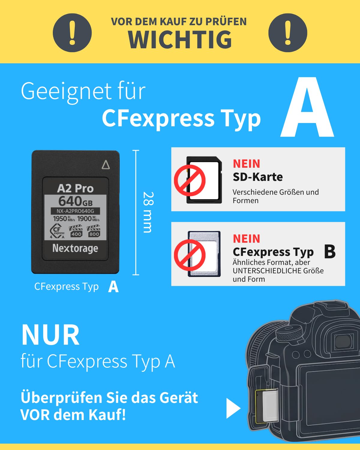 Nextorage CFexpress Typ A Karte 640GB, VPG 800 VPG 400 japanische speicherkarte datenspeicher CF Express Type A Card, Kamera Zubehör für Sony/Fujifilm, A2PRO NX-A2PRO640G