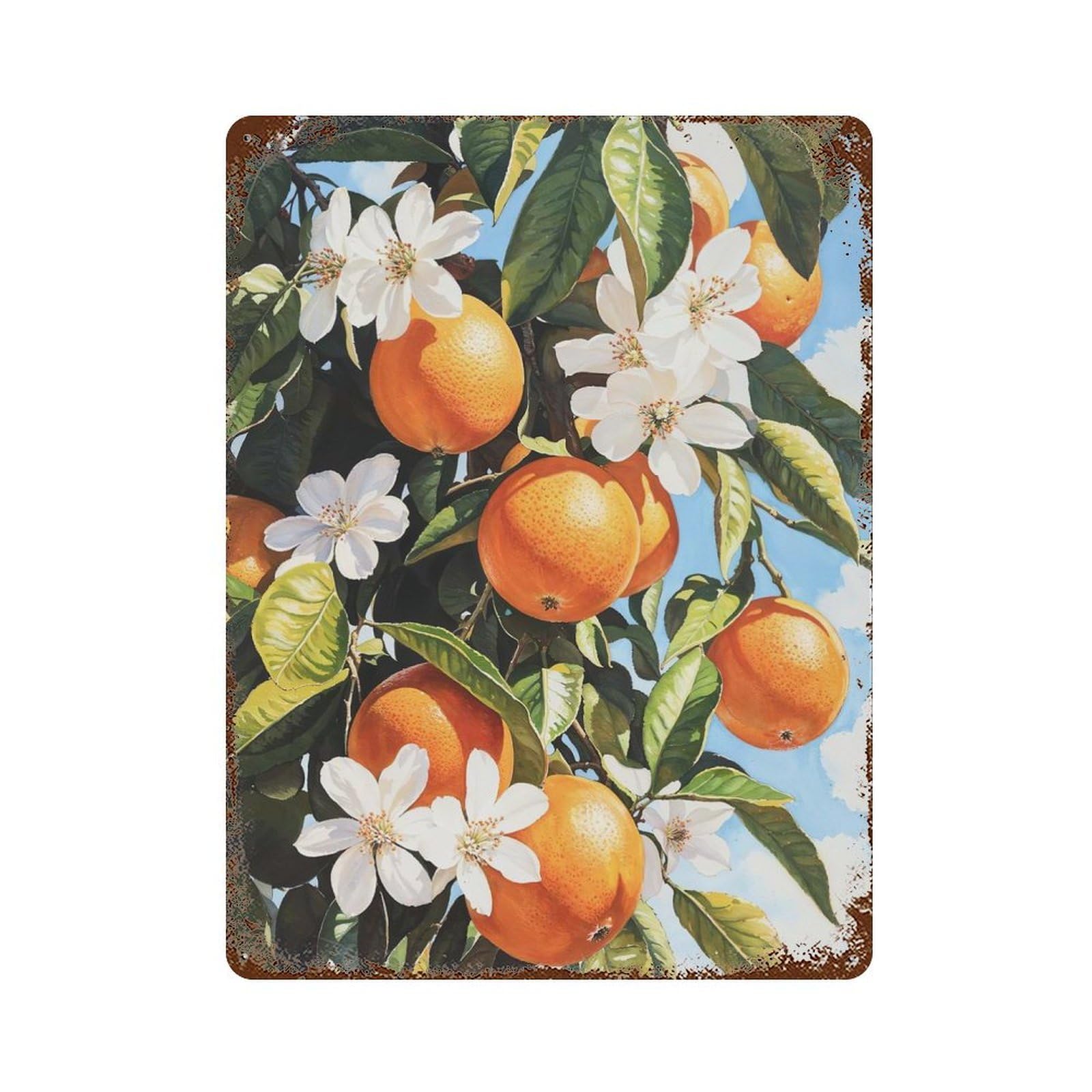 Rust Effect Orange Tree Blossoms Rusty Metal Tin Sign 15.7"x11.8", Industrial Home Decor for Living Room, Hallway And Home Decor