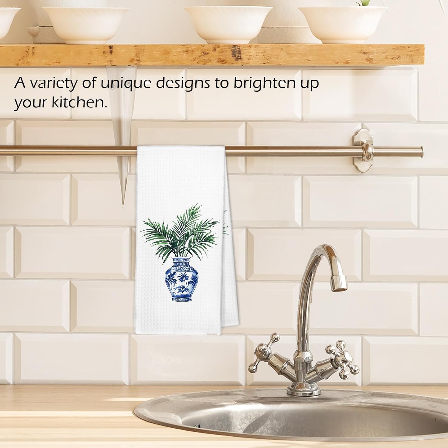 Chinoiserie Kitchen Towels, Palm Leaves Botanical Decor Dish Hand Tea Towels, Blue and White Porcelain Leaves Decorative Towel for Bathroom Kitchen, 16x24 Inch - Image 2