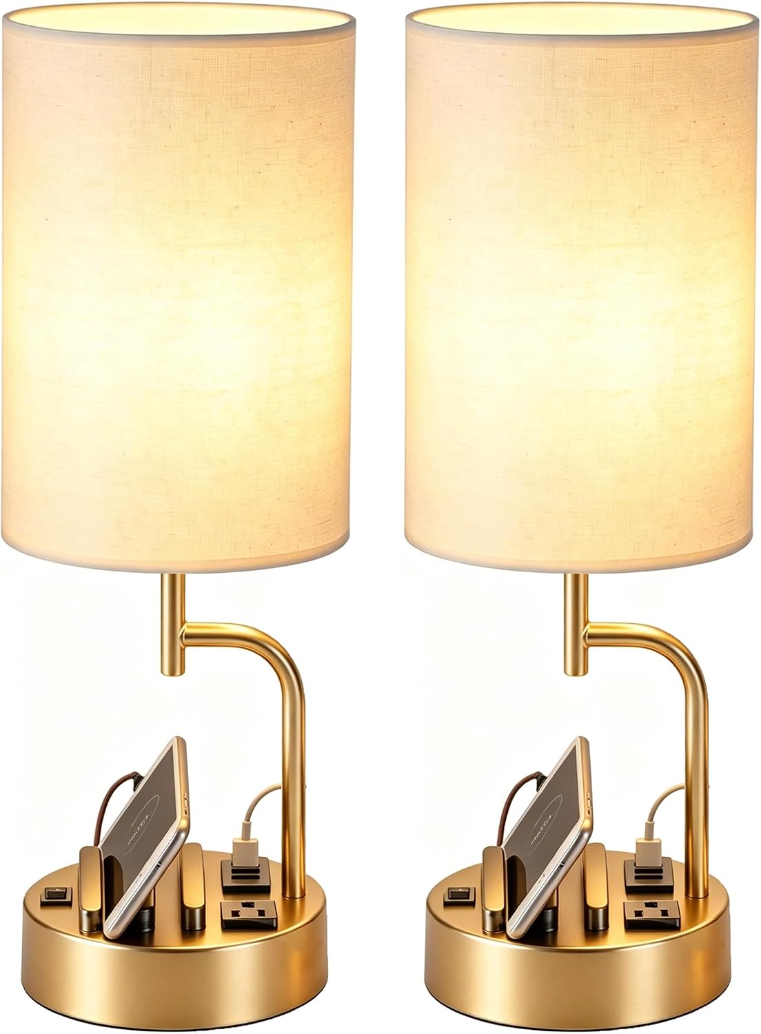 Dreamholder 2 Pack Table Lamp, Bedside Lamp with 3 USB Charging Ports & AC Outlet, USB Desk Lamp with 2 Phone Holders, Linen Fabric Shade Nightstand Lamps for Bedroom Living Room Office, Gold