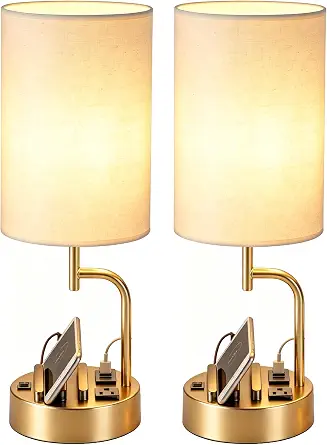 Dreamholder 2 Pack Table Lamp with USB Charging Ports and AC Outlet, Bedside Nightstand Lamps with Linen Shade and Phone Holders, Gold