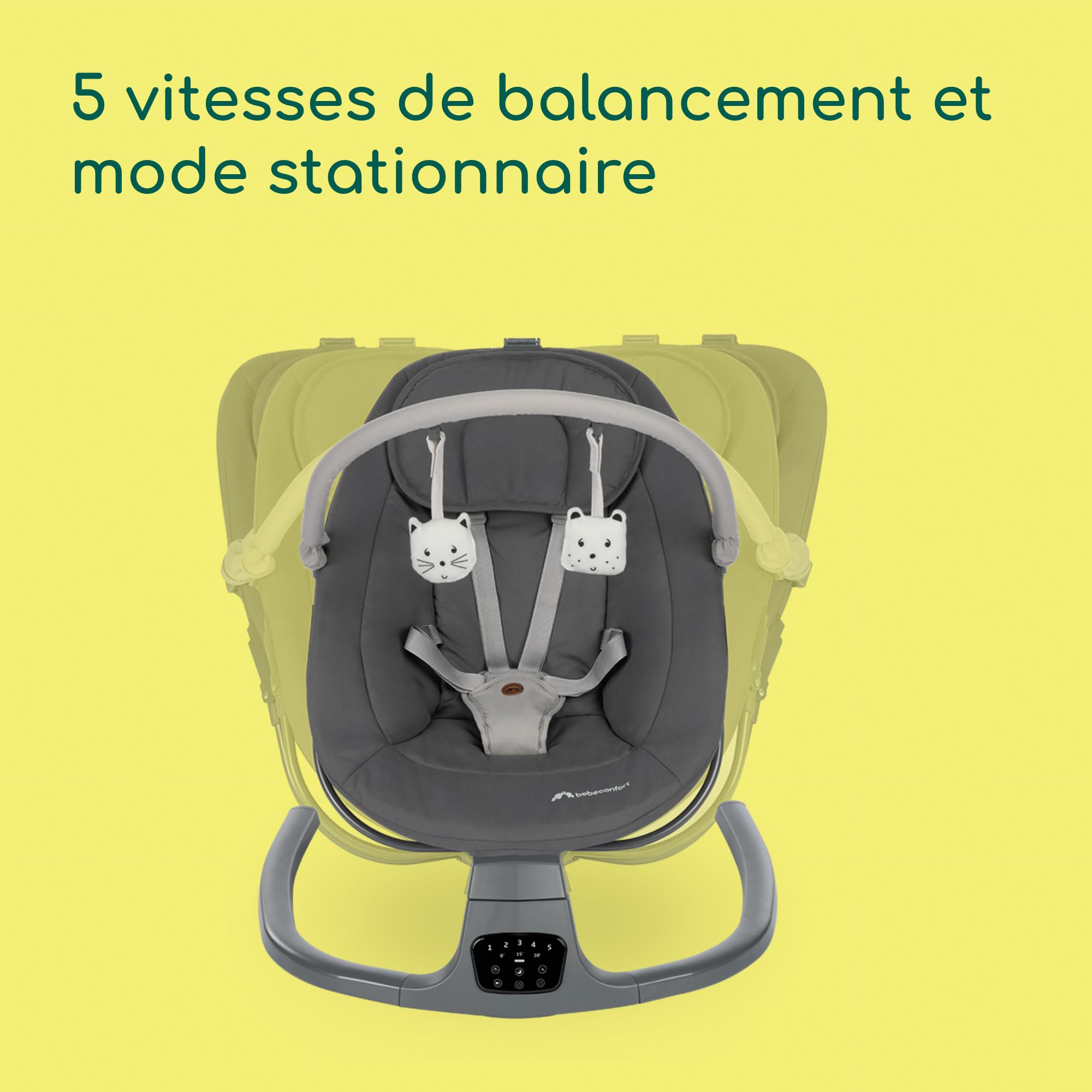 Bebeconfort Jolana, balancelle bébé électrique, 0-6 mois (9 kg), détection de mouvement, 12 chansons, 5 sons naturels, dossier réglable, 2 positions d’inclinaison, Tinted Graphite
