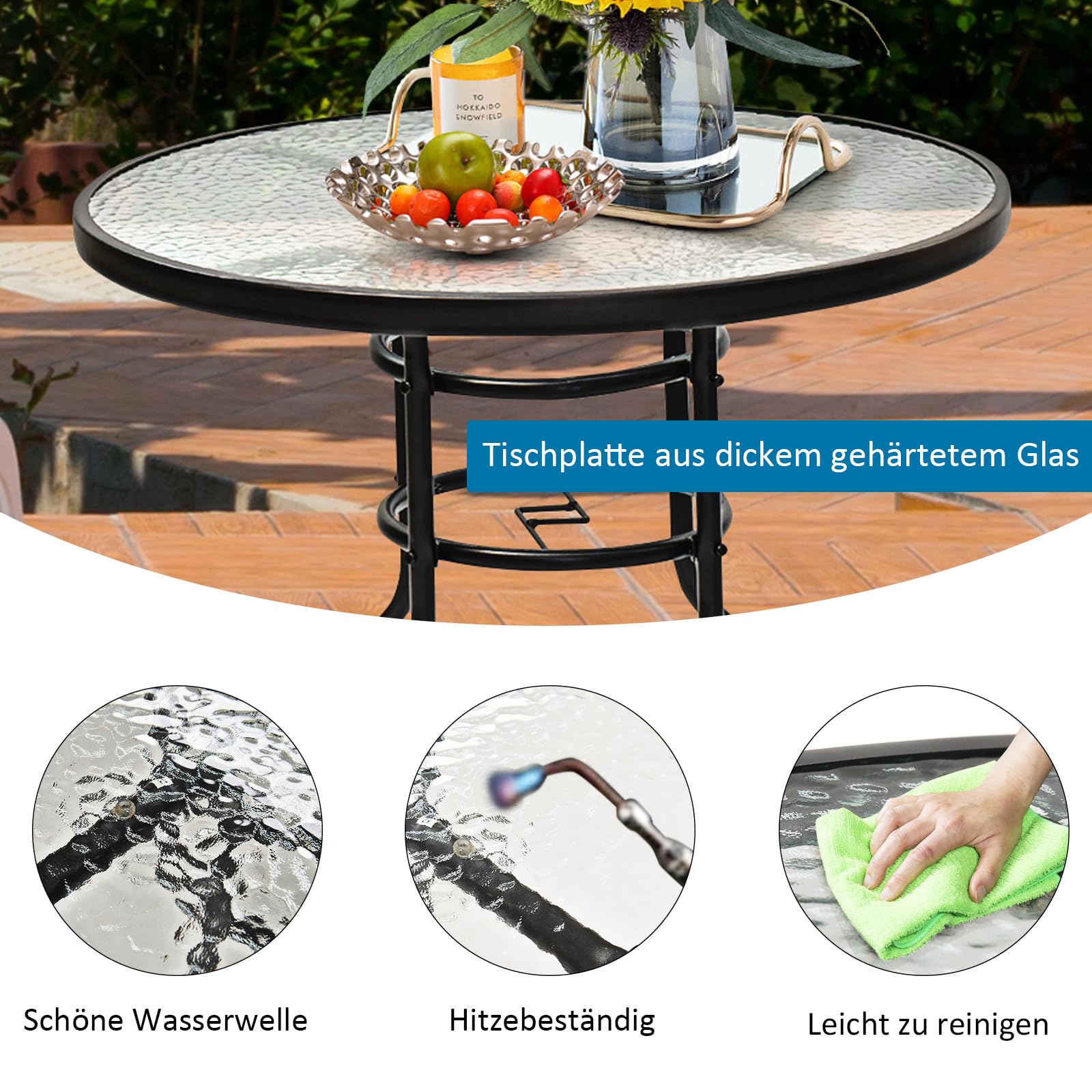 GOPLUS Gartentisch mit Schirmloch, Balkontisch mit Glasplatte & Metallrahmen, Terrassentisch Beistelltisch Bistrotisch Glastisch Esstisch für Garten & Terrasse (Rund)