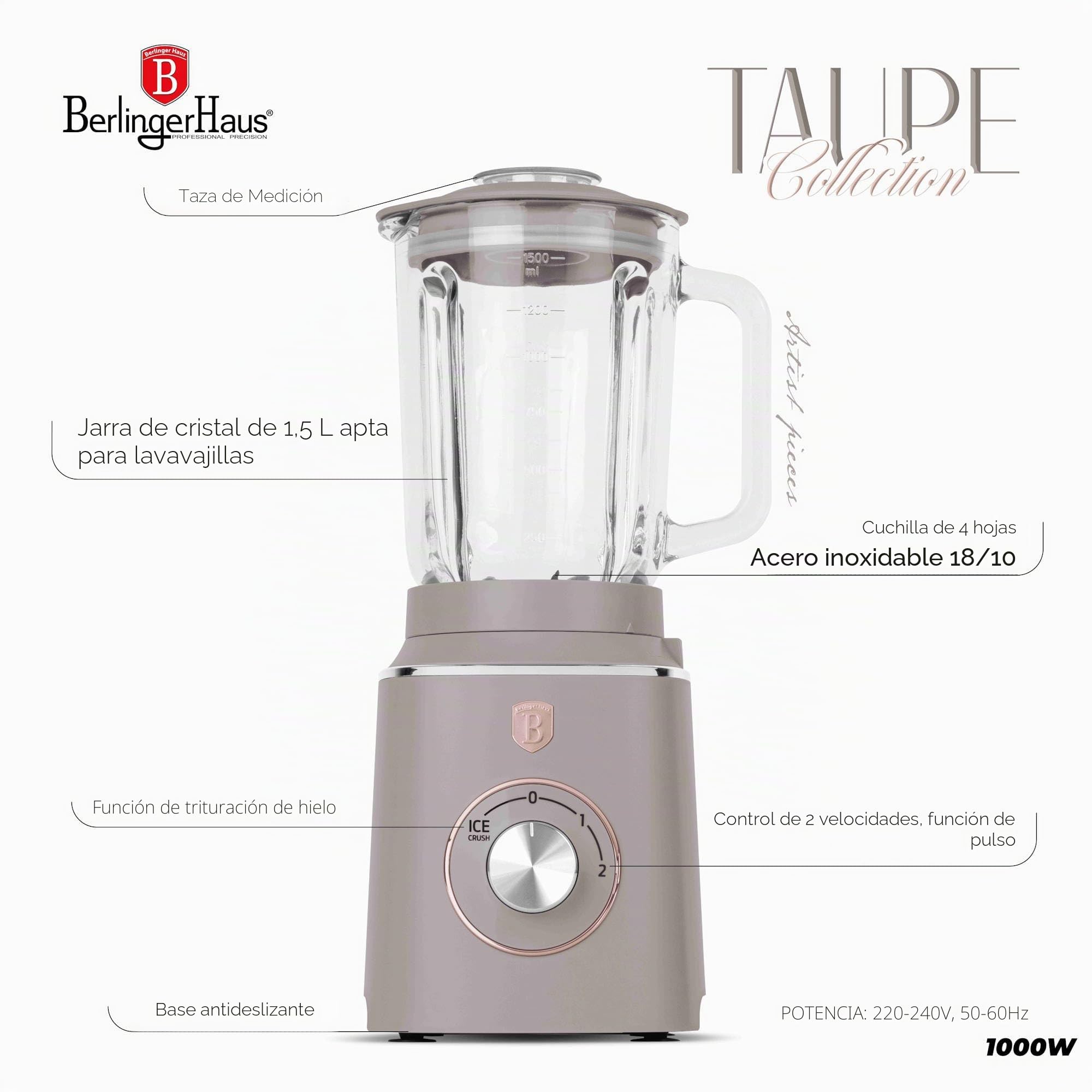 Berlinger Haus Batidora de Mesa 1000W con Jarra de Vidrio 1.5L, Función Smoothie y Tritura Hielo, Cuchillas de Acero Inoxidable, Protección Contra Sobrecalentamiento, Color Taupe Mate