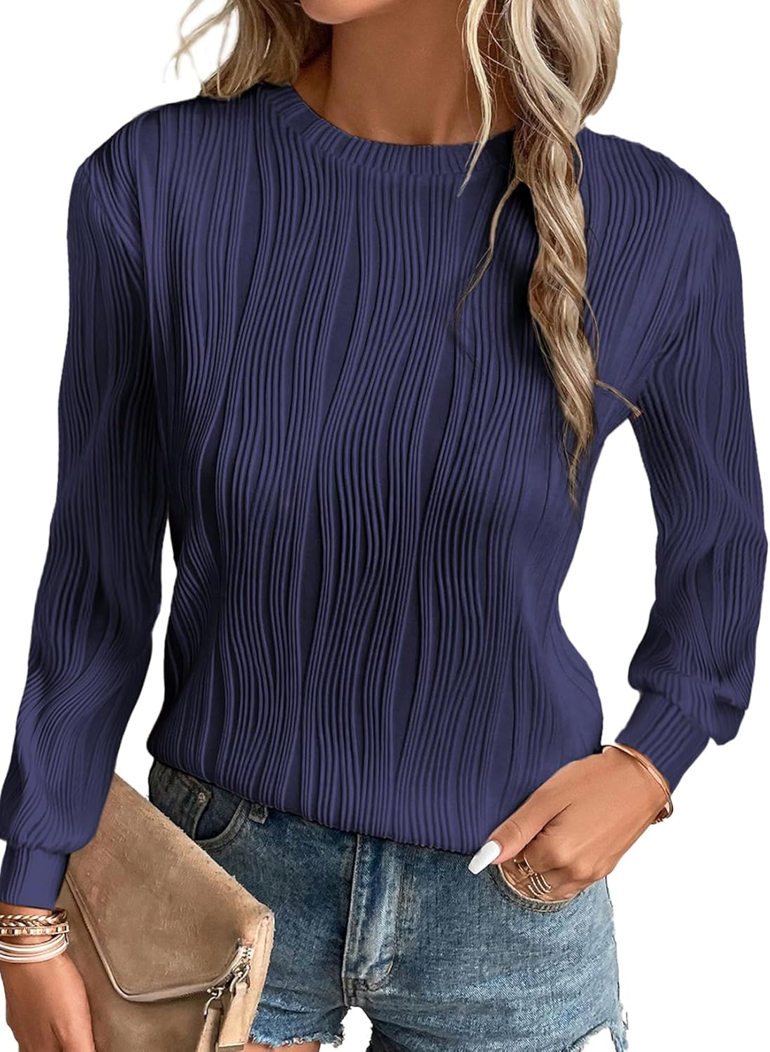 EVALESS Womens Tops Trendy Dressy Casual Long Sleeve Crewneck Basic T Shirts Solid Loose Textured Blouses Outfits