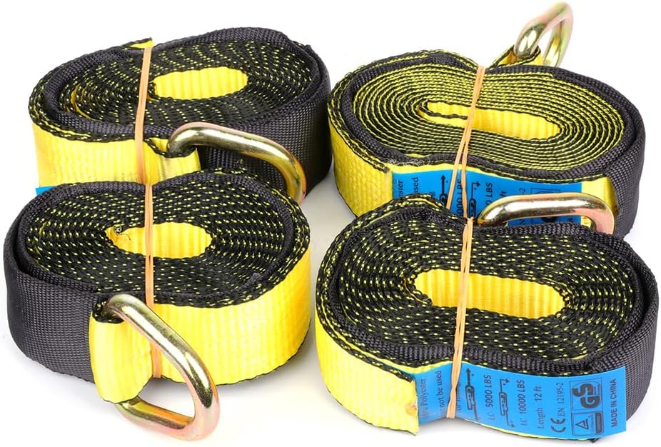 SCITOO (Pack of 4) 2" X 12' Lasso Tow Strap with D Ring Auto Hauler Tie Down Lasso Strap Car Hauler Tow Dolly Tire Wheel Tie Down Straps