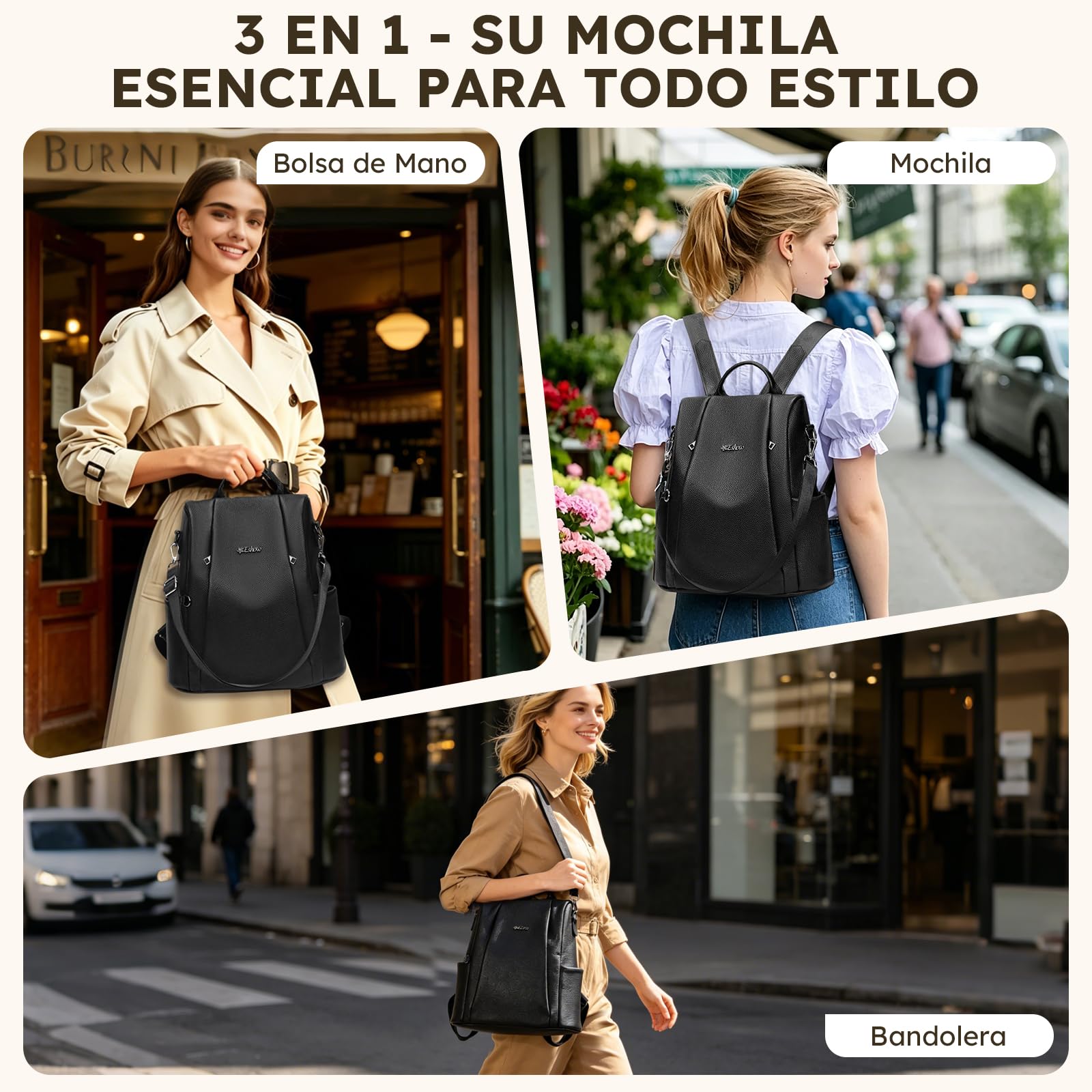 Eshow Mochila Mujer Antirrobo de Cuero Genuino para Trabajo Viaje Oficina