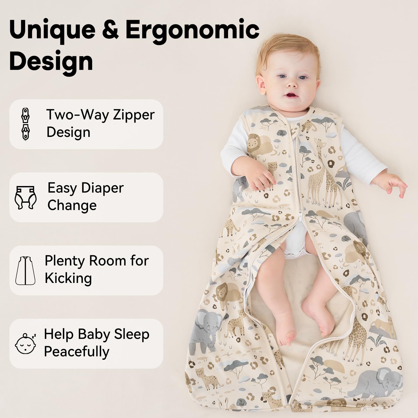 Unnivoll Baby Sleeping Bag 0.5 Tog 12-18 Months Summer Sleep Sack 100% Cotton Baby Sleep Bag Wearable Blanket for Newborn Infant Toddler Apricot Elephant - Image 4