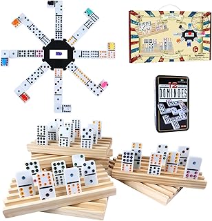 Mexican Train Dominoes Set with 8pcs Wooden Trays/Rack/Holder, 91 Tiles Double 12 Dominoes Game Set with Tin Box,Classic Board Games for Kids,Adults and Families