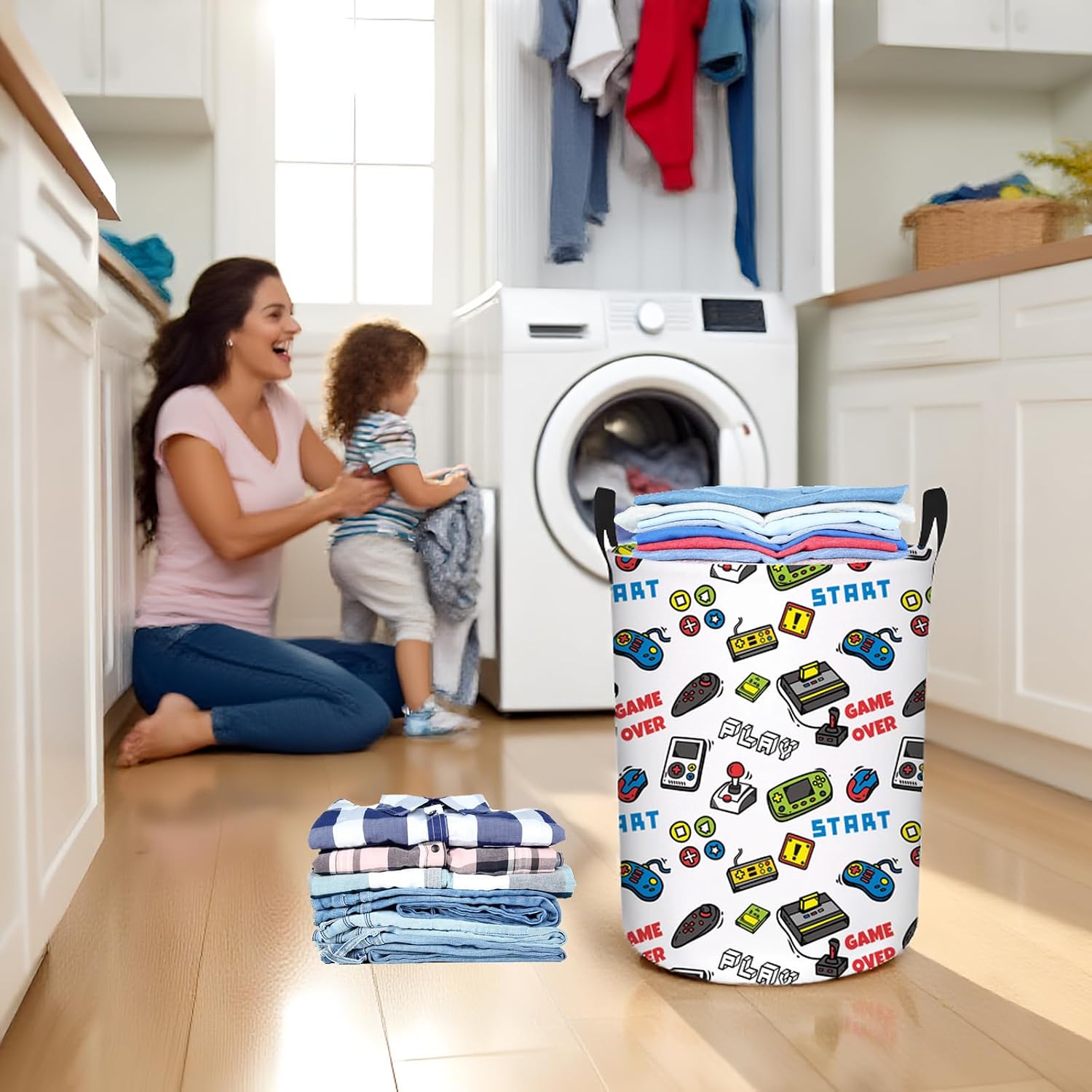 Gamer Basket Laundry Hamper for Kid Baby Room (A) | With Handles, Linen Cotton, Collapsible, For Toy Storage & Boy Room Decor