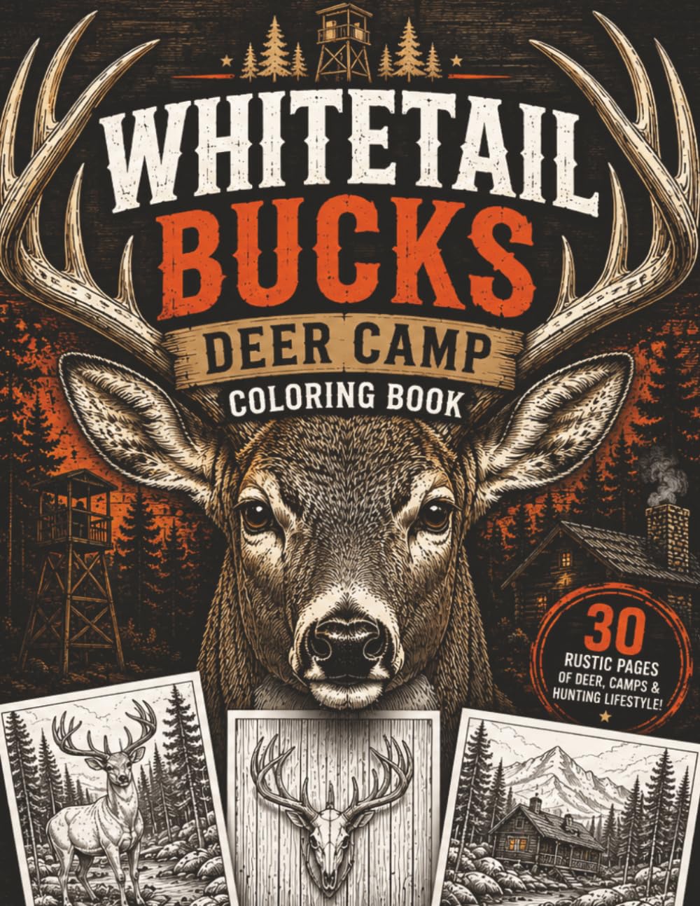 Whitetail Bucks Deer Camp coloring book: Rustic Hunting Scenes, Trophy Bucks, Tree Stands, Hunting Cabins, Euro Mounts & More