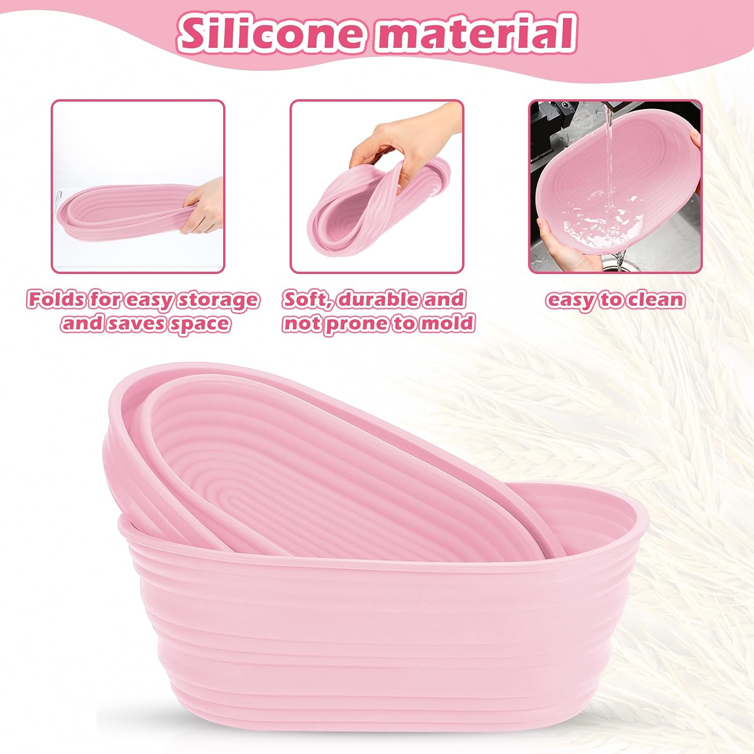 Nuogo 4 Pack Oval Bread Proofing Basket Silicone 10 Inch Collapsible,Pink