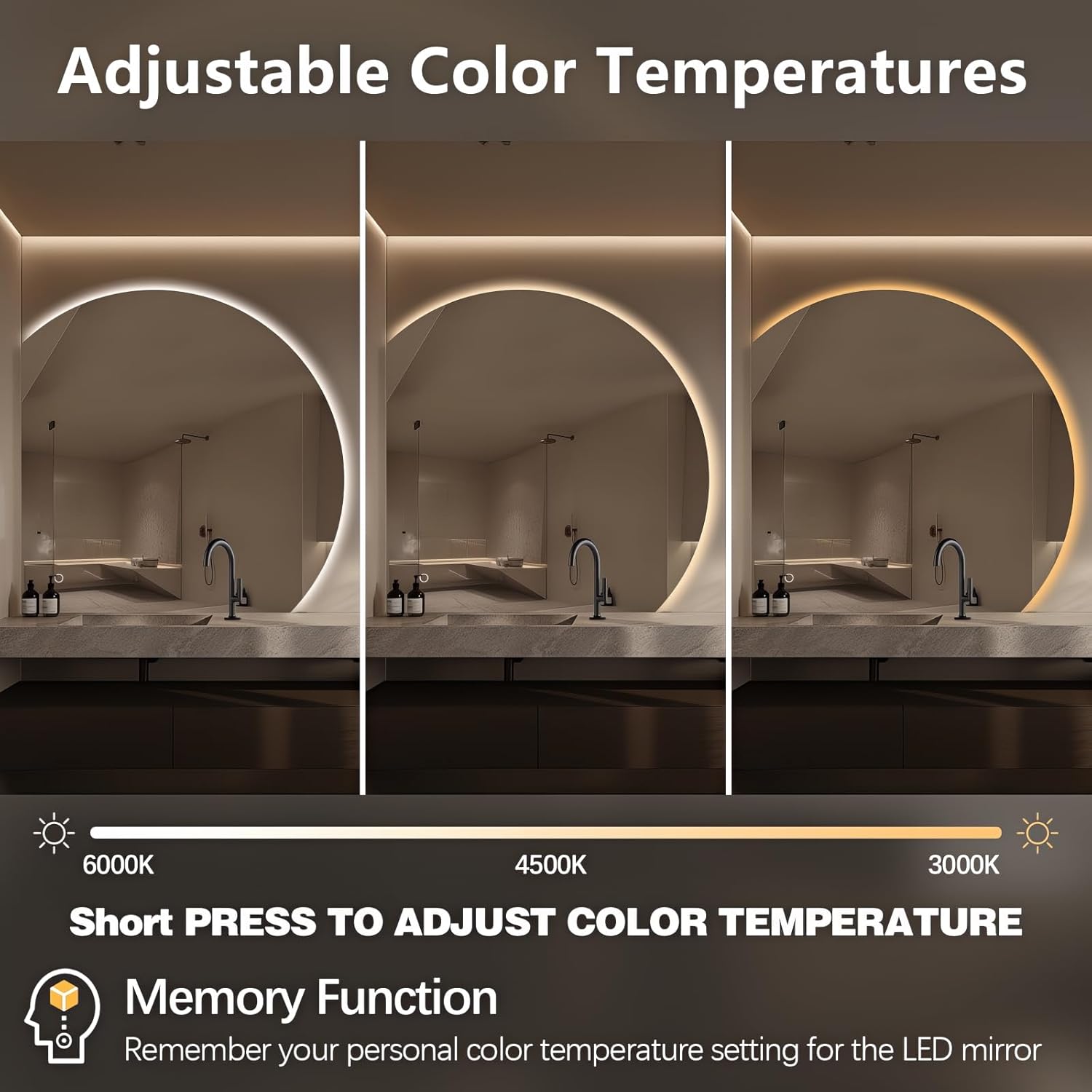 Niccy Half Moon LED Mirror for Bathroom, 44" Semi Backlit Mirrors Frameless Makeup Mirror with Light, Anti-Fog, Shatter-Proof, 3 Colors, Smart Vanity Mirrors 44"L x 44"W