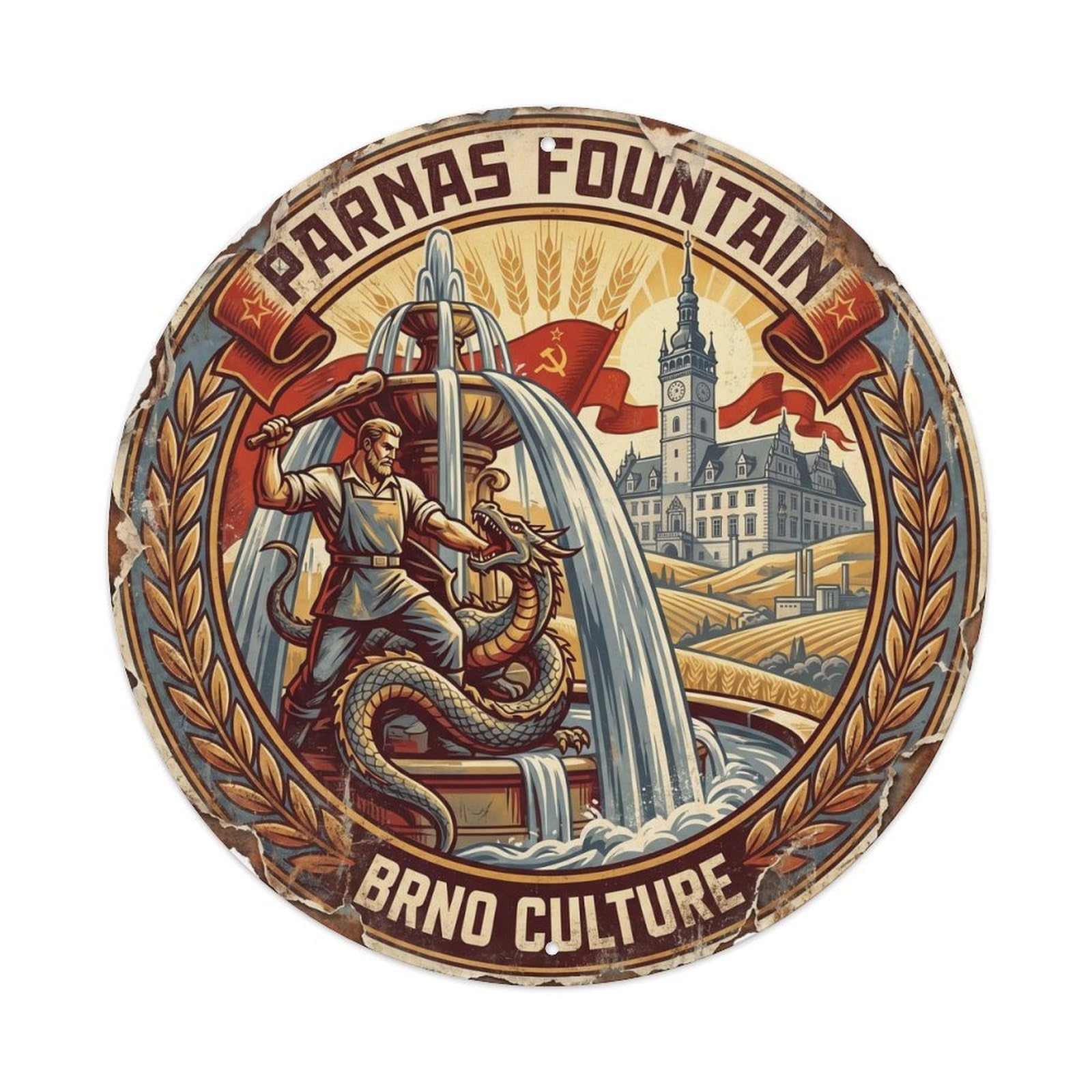 Vintage Travel Parnas Fountain Brno Culture Metal Tin Sign Plaque Wall Decor for Cafe, Club, Garden Round Metal Poster 8x8Inch