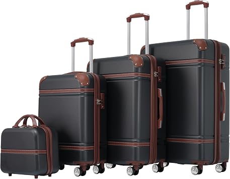 4-Piece Hardshell Luggage Sets - Lightweight Luggage Set with Cosmetic Case, Expandable Carry on Suitcase with Spinner Wheels and TSA Lock Travel Set for Men Women Black