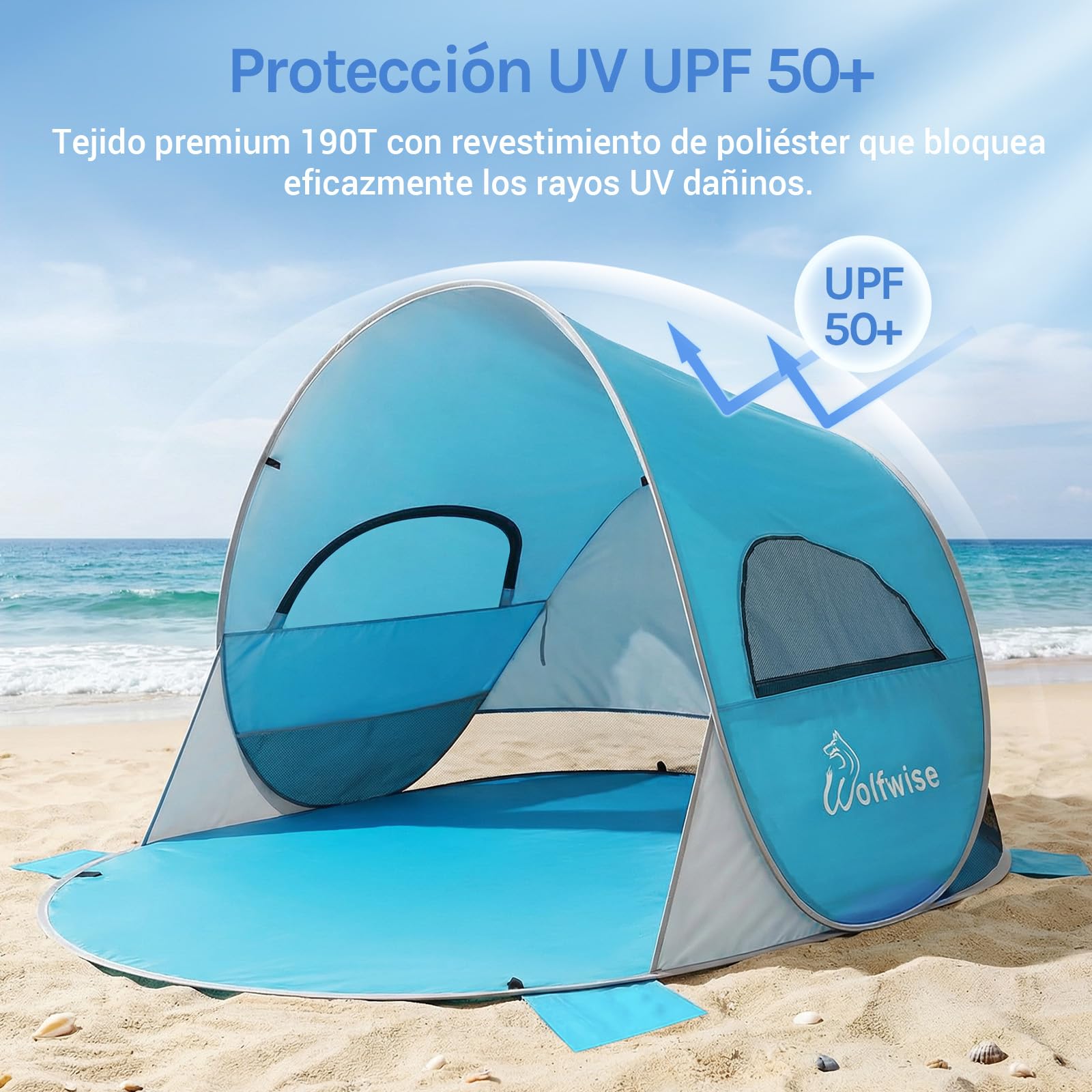Wolfwise Tienda de Playa UPF 50+, Plegable para 2/3/4/5/7 Personas con sombrilla Deportiva, Tienda de Refugio Instantáneo contra el Sol, Toldo de Sombra