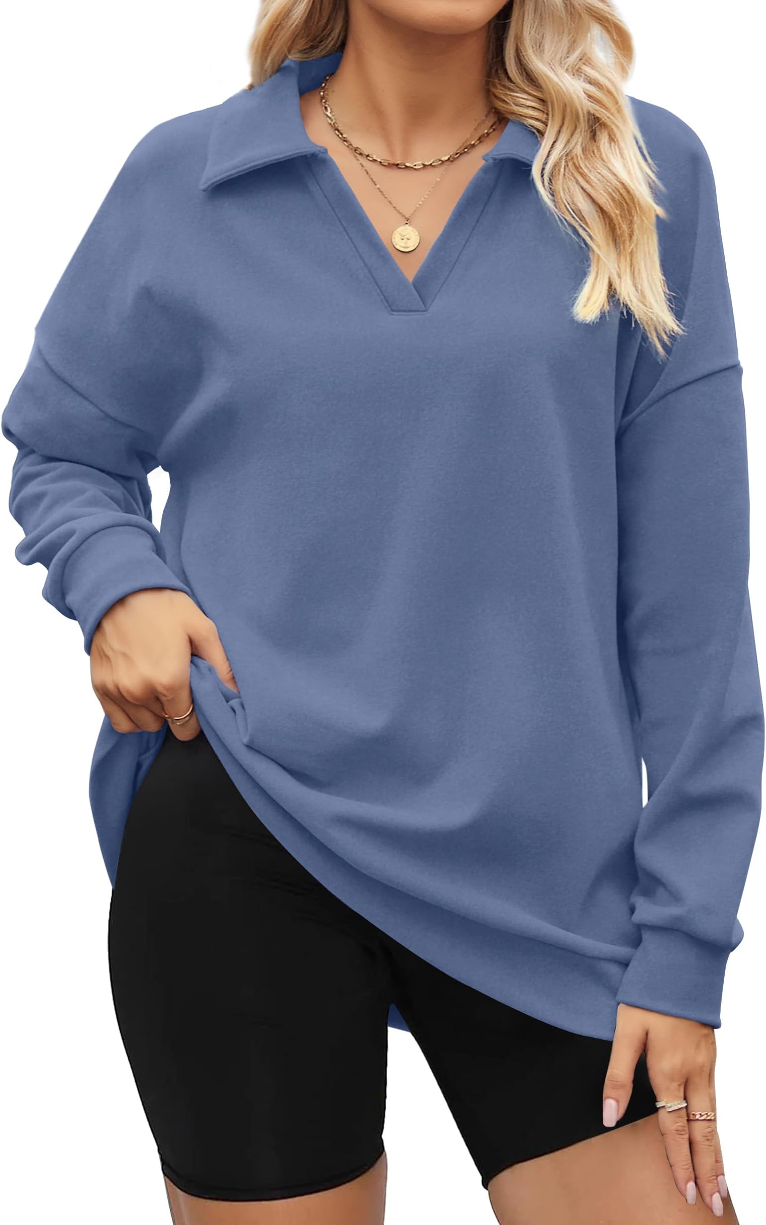 Dofaoo Sweatshirts for Women Long Sleeve V Neck Shirts Loose Fit Tunic Tops for Leggings Collared Pullover Sweatshirt