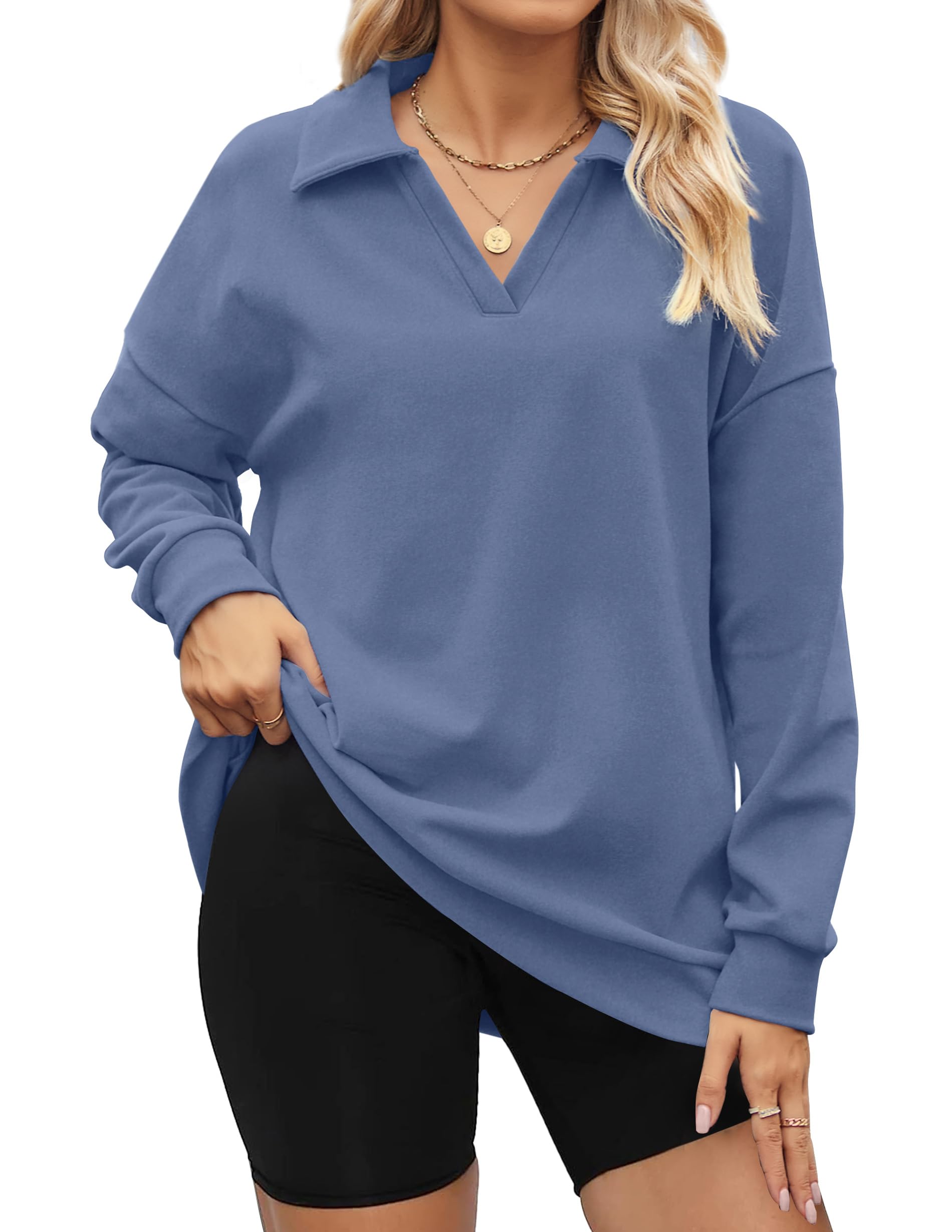 Dofaoo Sweatshirts for Women Long Sleeve V Neck Shirts Loose Fit Tunic Tops for Leggings Collared Pullover Sweatshirt