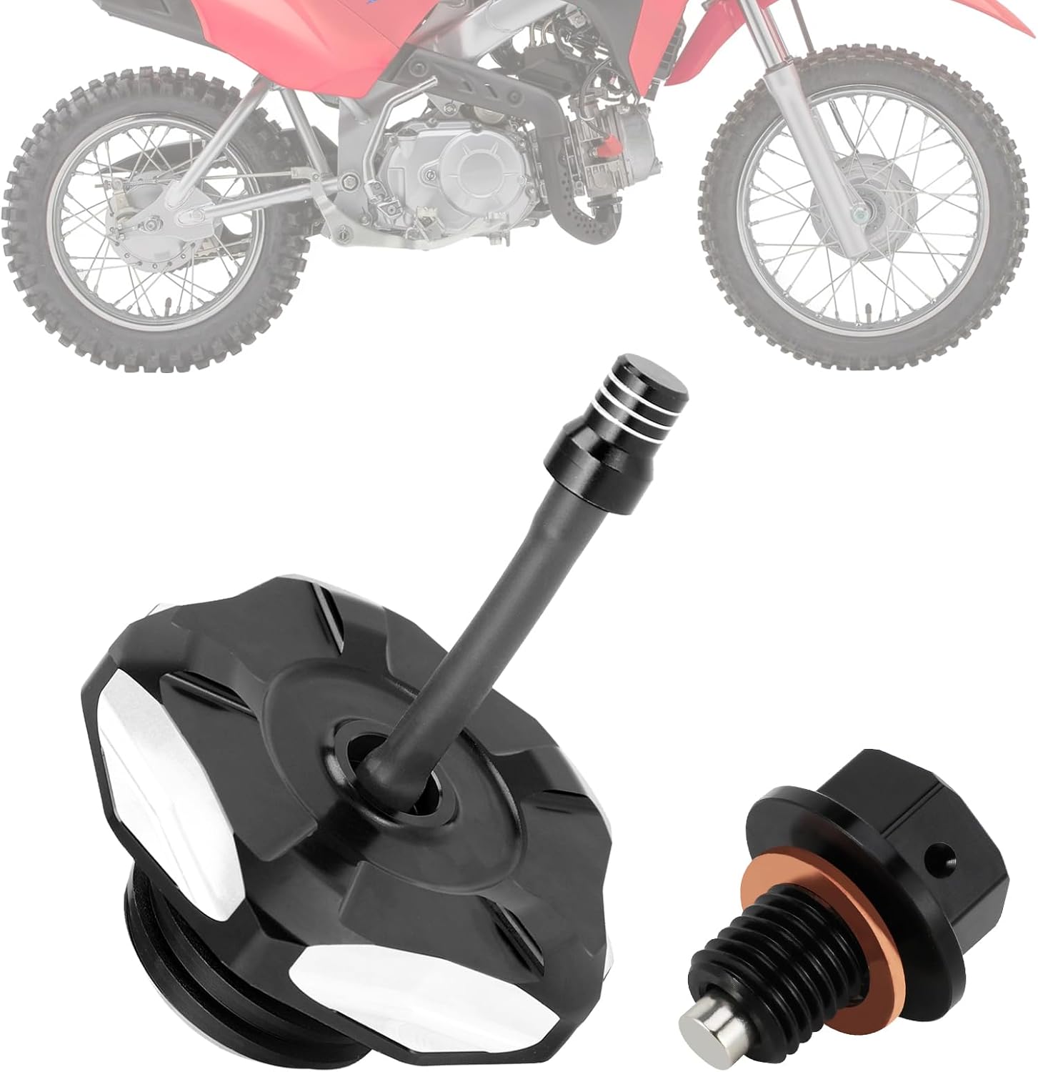 Dirt Bike Gas Fuel Tank Cap Cover with Vent Hose + Magnetic Oil Drain Plug Bolt with Red Copper Crushed Washer CNC for CRF 110 CRF110 2019-2024