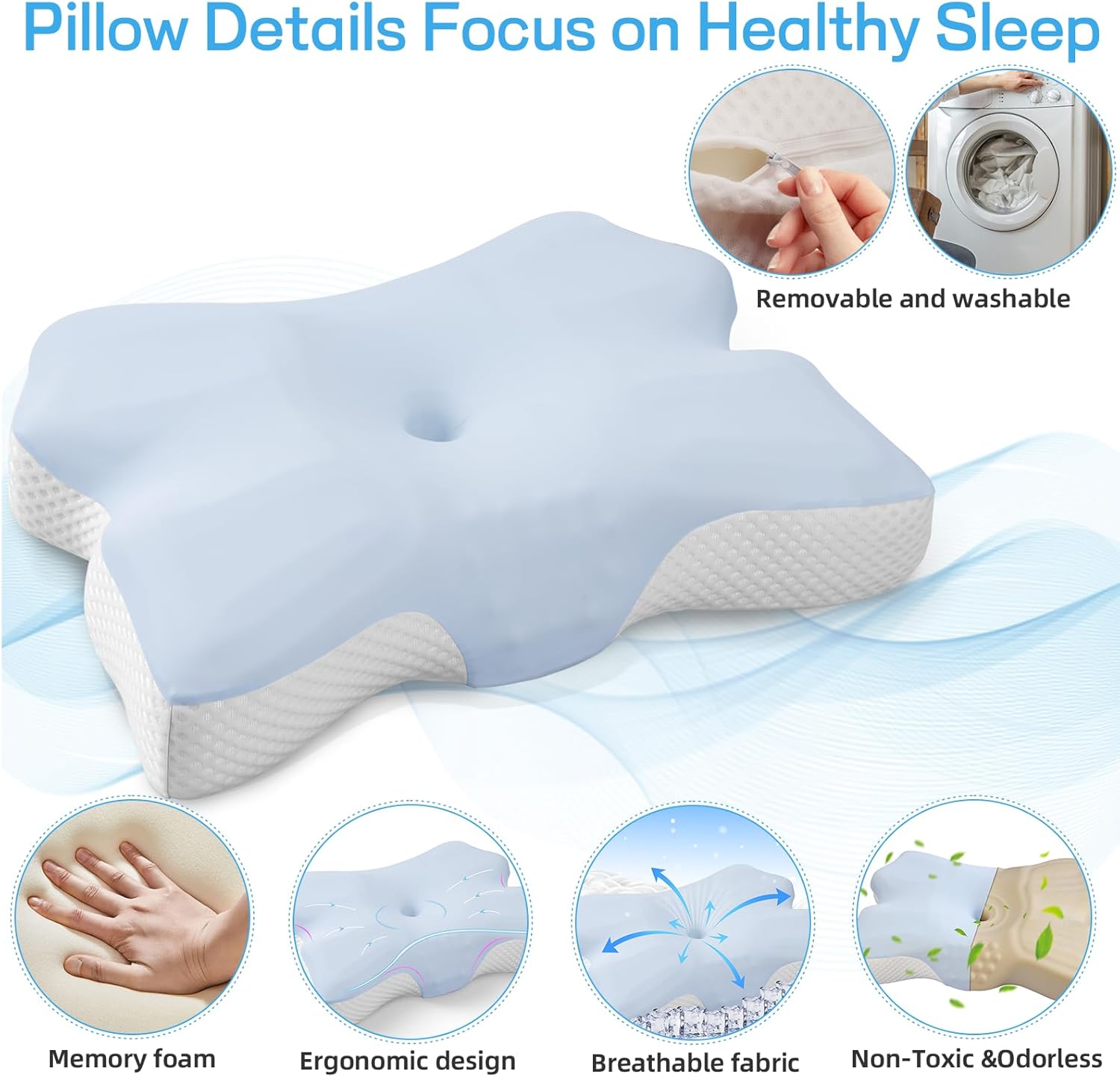 Cervical Neck Pillow for Pain Relief, Ergonomic Neck Support Pillow for Side Sleeper, Contour Memory Foam Pillows with Cooling Pillowcase Orthopedic Bed Pillow for Back Stomach Sleepers, Sky Blue - Image 5