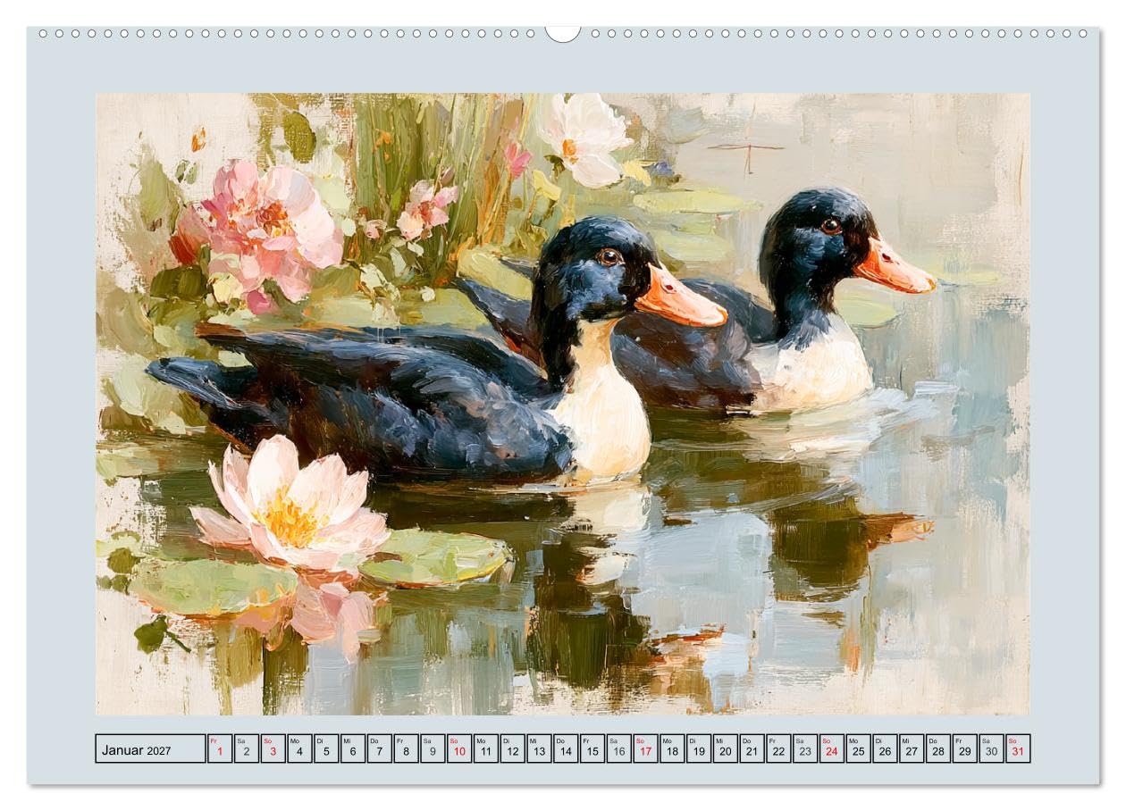Federleichte Nostalgie. Hühner, Enten und Gänse in duftigen Momenten (hochwertiger Wandkalender 2027 DIN A2 quer), Kunstdruck in Hochglanz: Sanfte ... in lieblicher Ölbilderoptik (CALVENDO Tiere)