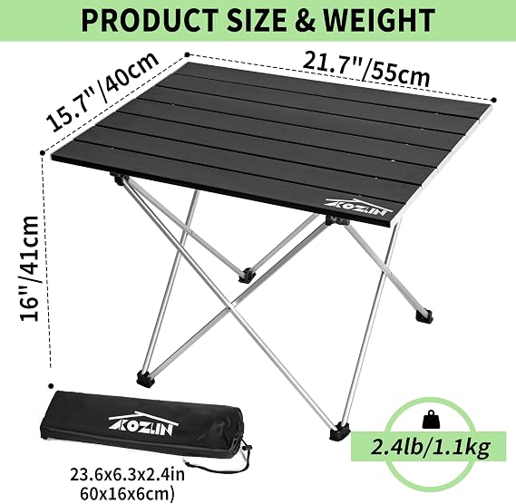 AKOZLIN Portable Camping Table with Carrying Bag Ultralight Outdoor Folding Table with Aluminum Table Top Easy to Carry Prefect for Picnics, Hiking, Fishing, Barbecue 56×40×40cm