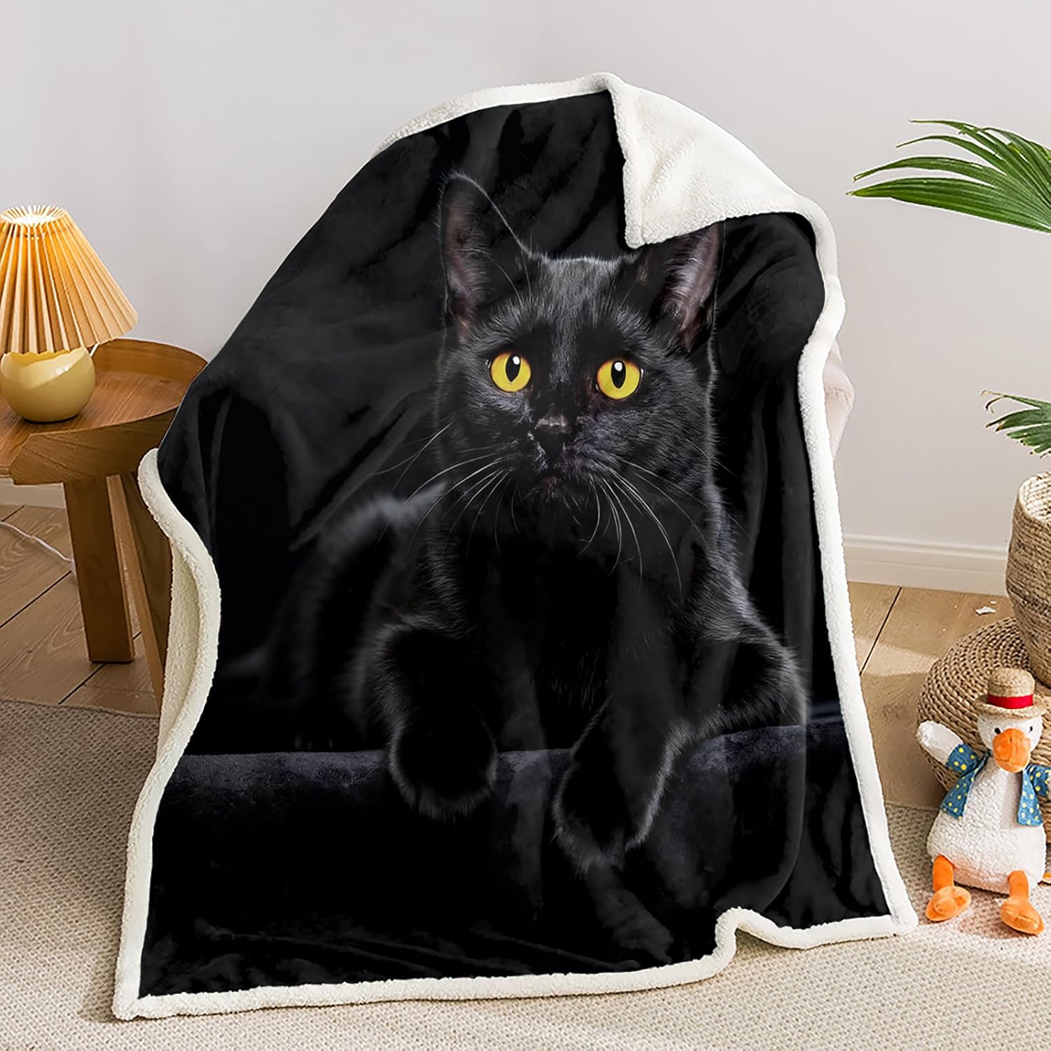 AILONEN 3D Black Cat Sherpa Fleece Throw Blanket,Hidden Black Cat Sherpa Blanket,Black Theme Fleece Blanket,Soft Lightweight Decor for Sofa, 70 x 55 Inches