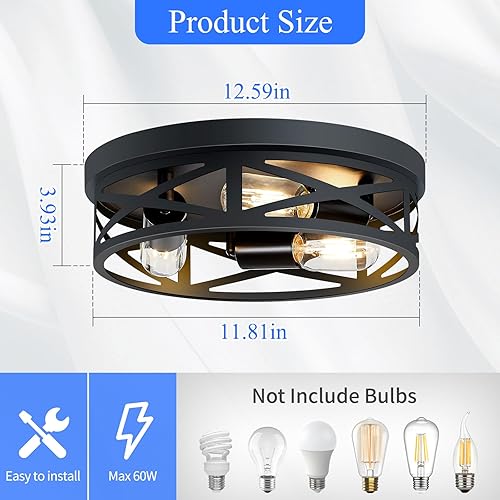 Miniatura 3 de SKEJAO Lámpara de techo de montaje empotrado de 13 pulgadas, lámpara de techo de 3 luces para pasillo, lámparas de techo negras para pasillo,