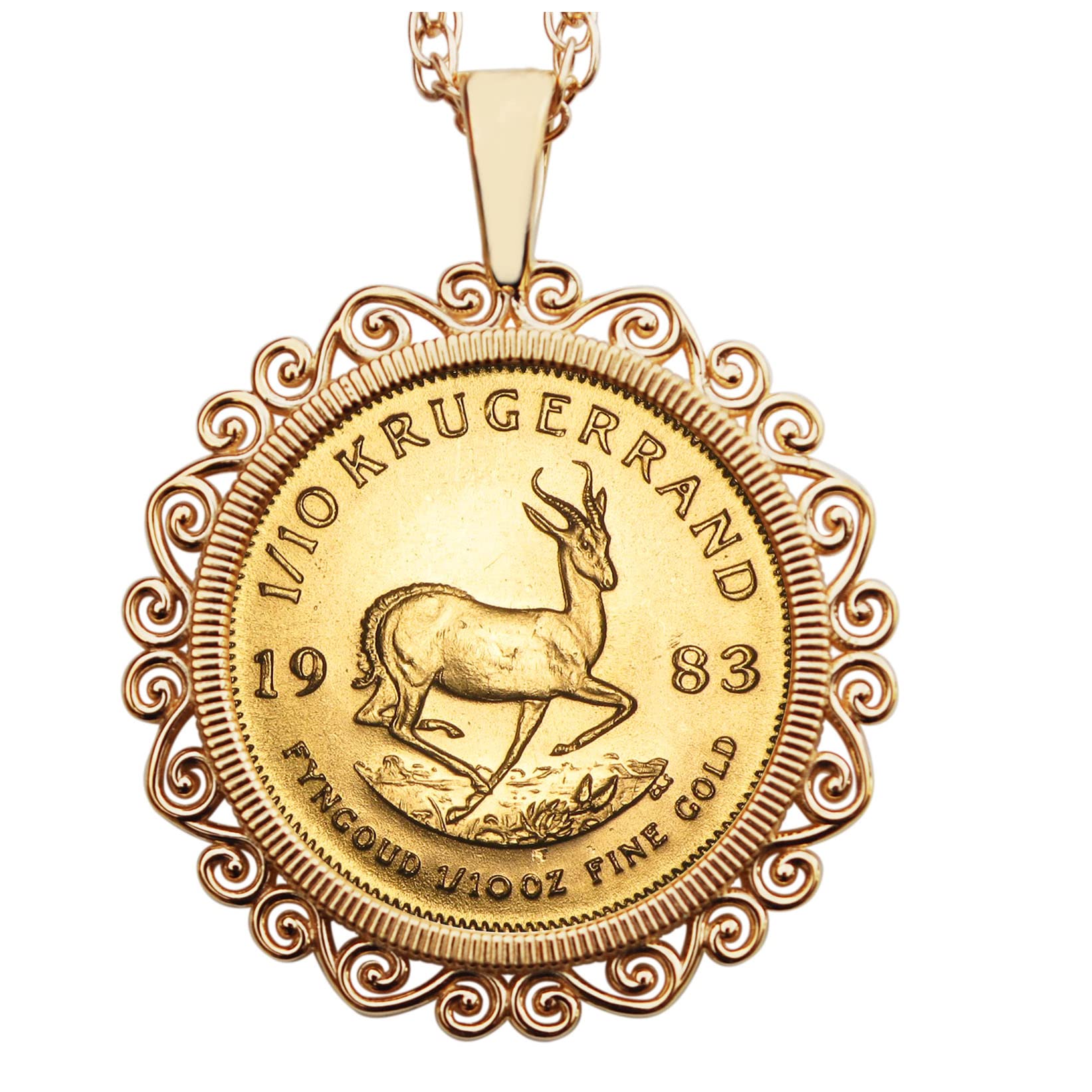 1983 South Africa 1/10 oz Gold Krugerrand BU Uncirculated Coin Necklace NEW - 14K Solid Yellow Gold Bezel and 14K Solid Yellow Gold Chain