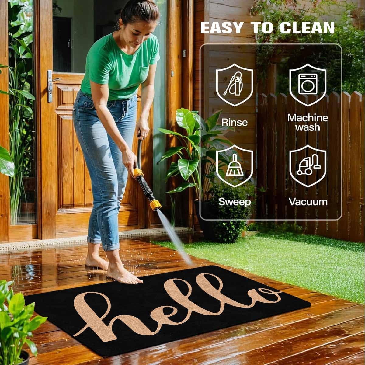 Black 'Hello' Welcome Doormat for Front Door,Summer Home Decor,Low-Profile Switch Rug Porch Door Mat Floor Mat for Indoor Outdoor RV 30"x18"