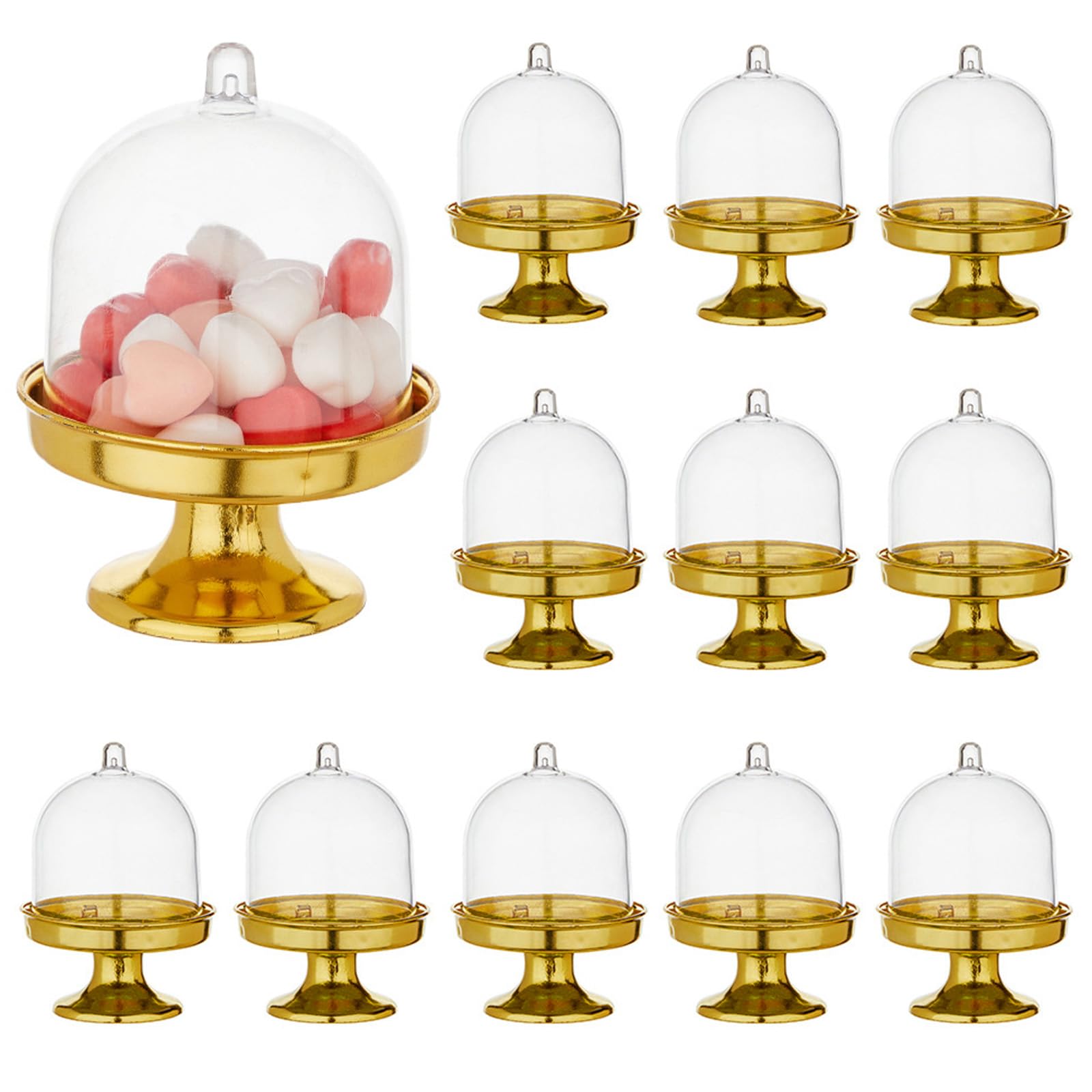 Cosiesnest 12 Pack Mini Cake Stand with Clear Dome Lid, Plastic Cupcake Display Stand for Desserts, Chocolates and Macarons, Ideal for Wedding Receptions Birthday Tea Events and Baby Shower (Gold)