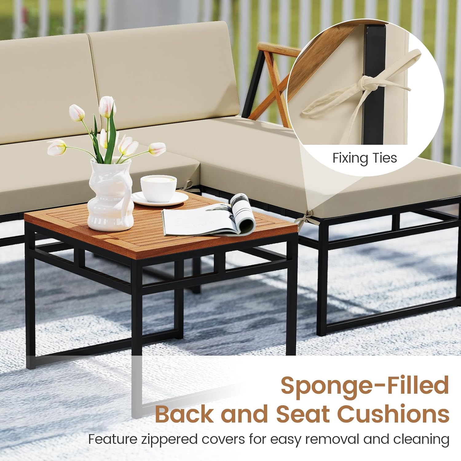 Tangkula 3 Pieces L-Shaped Outdoor Furniture Set, Acacia Wood Patio Sectional Cushioned Conversation Sofa with Square Coffee Table, for Porch, Backyard & Poolside (Beige)