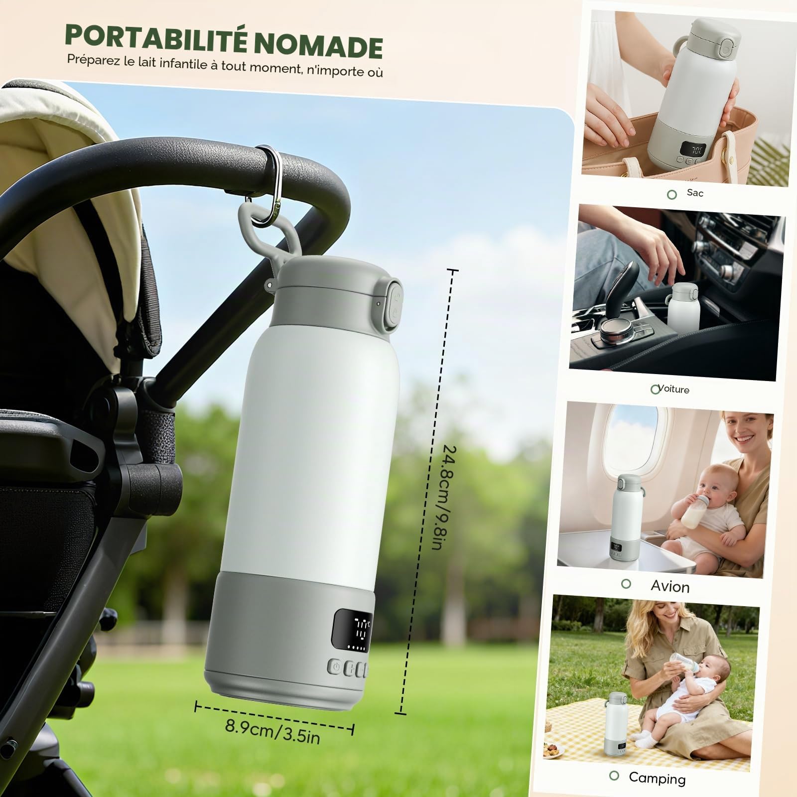 Chauffe-Biberon Portable 500ml, Chauffage Rapide, Inox 316 | 100W chauffe lait & eau, batterie 16000mAh, réglage précis 32-70°C, écran LED, anti-fuite pour maison & voyage
