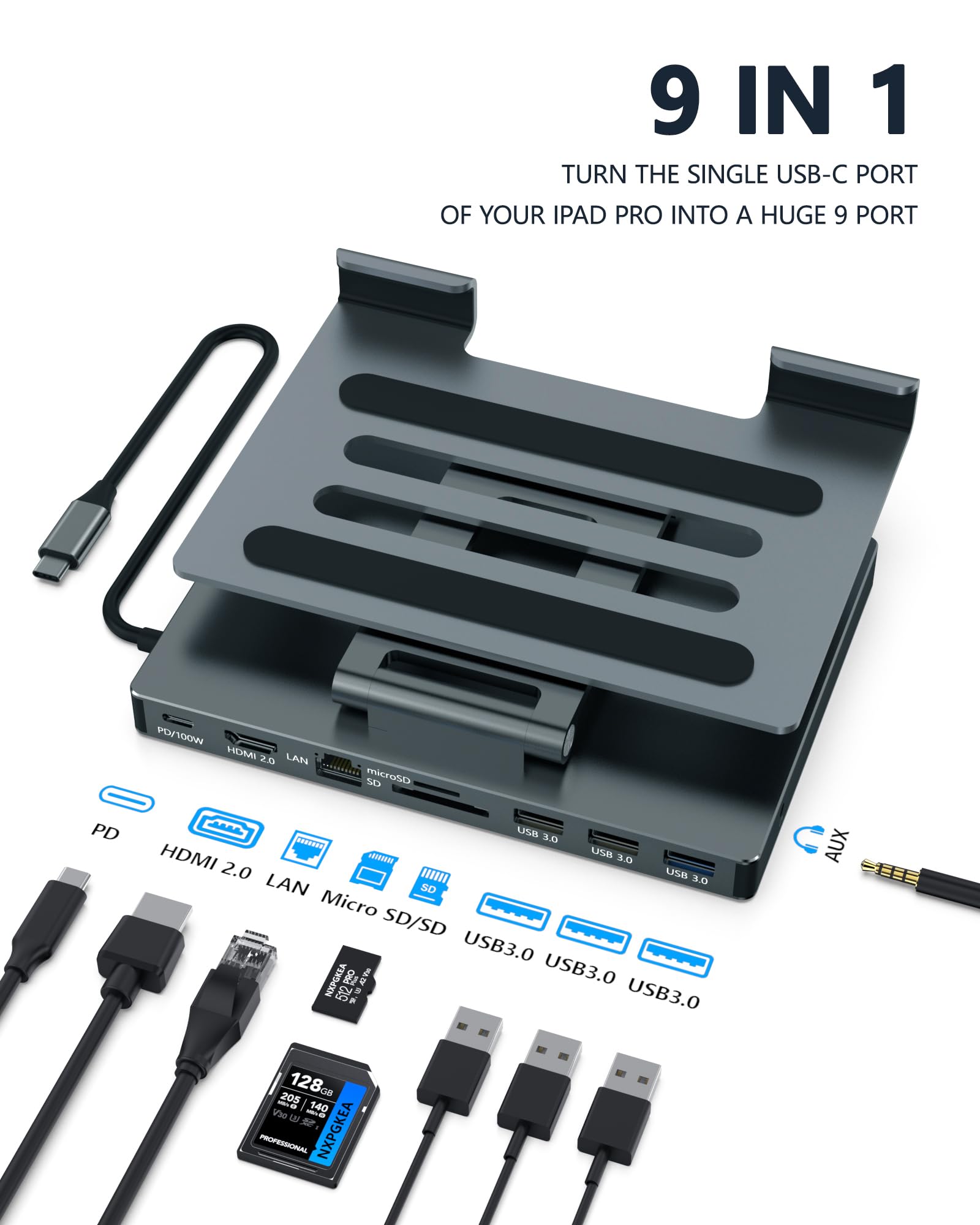 2026 iPad Pro USB C Hub Stand, Adapter for iPad Air M5 M4 M3 13 11 12.9 Inch Docking Station 4K 60Hz HDMI, RJ45 Ethernet, SD/TF Card Reader, 3 USB 3.0 Port, 3.5mm Audio, iPad A16 Galaxy Tablet Dock