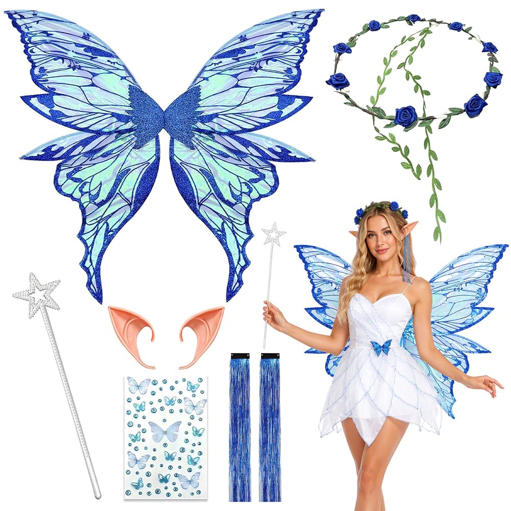 7 Pcs Fairy Wings, Angel Costume Accessories, Butterfly Wings Adults, Sparkling Sheer Wings with Butterfly Wings Flower Crown Elf Ears for Adult Women Girls for Halloween Party Cosplay (Blue)