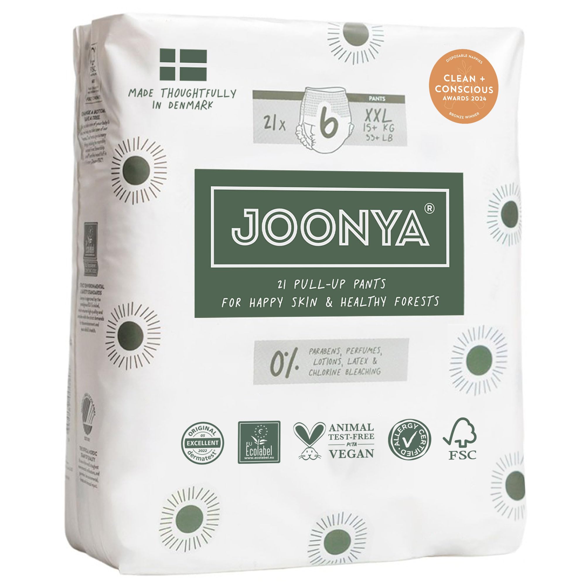 Joonya Höschenwindeln, Größe 6 XXL (ab 15 kg) - 1 Beutel mit 21 Stück - Schadstofffrei, Umweltfreundlich, Ultraflach, Für die Nacht - Hergestellt in Dänemark