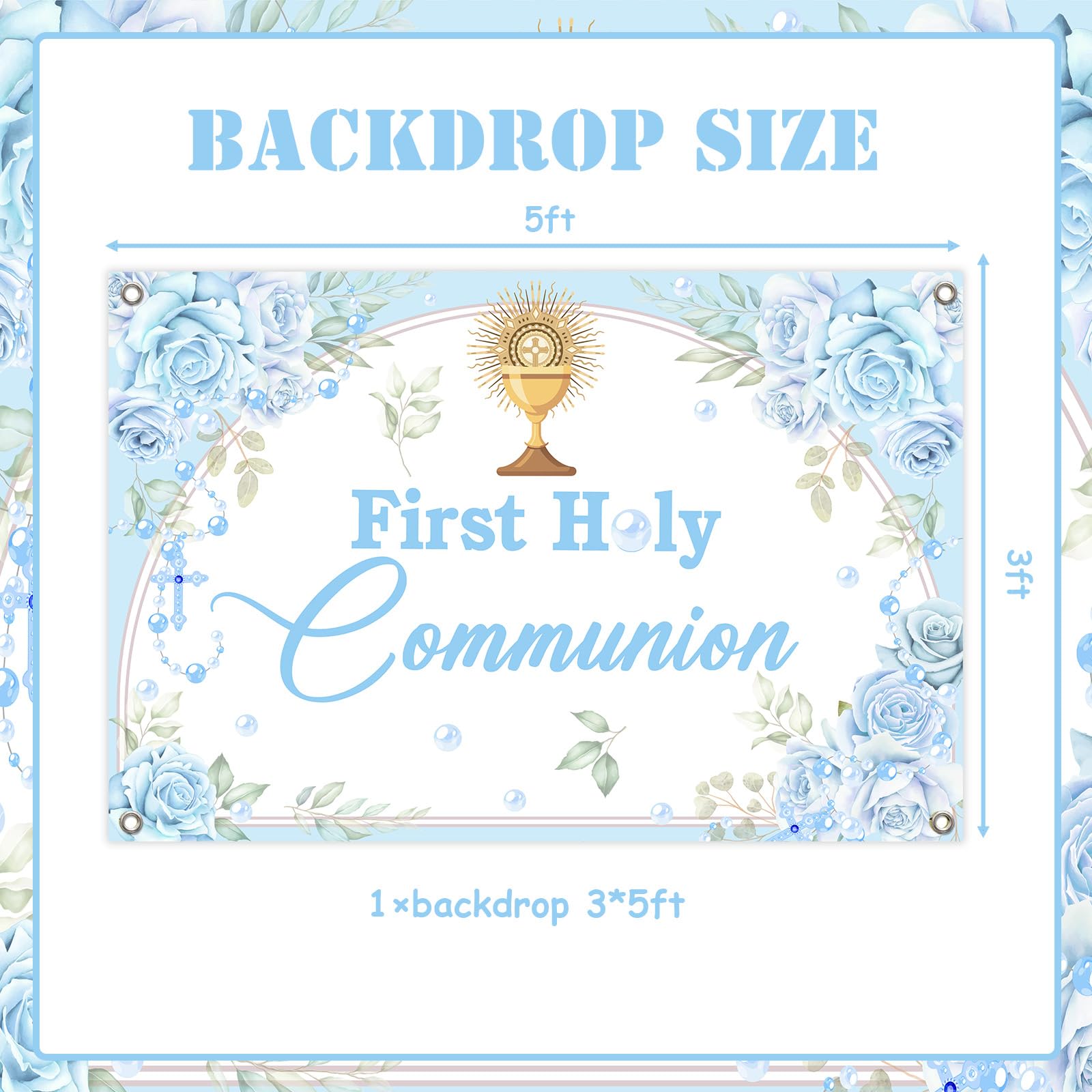 Jollyboom First Holy Communion Decorations for Boys, Blue Flowers Communion Backdrop Banner for Confirmation Baptism Christening Day Photoshoot Background 3 x 5 Ft - Image 4