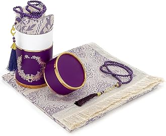 ihvan online Muslim Prayer Rug and Prayer Beads with Elegant Design Cylinder Gift Box, Janamaz, Soft Sajadah, Islamic Gifts Set, Portable Prayers Carpet Mat, Taffeta Fabric, Purple
